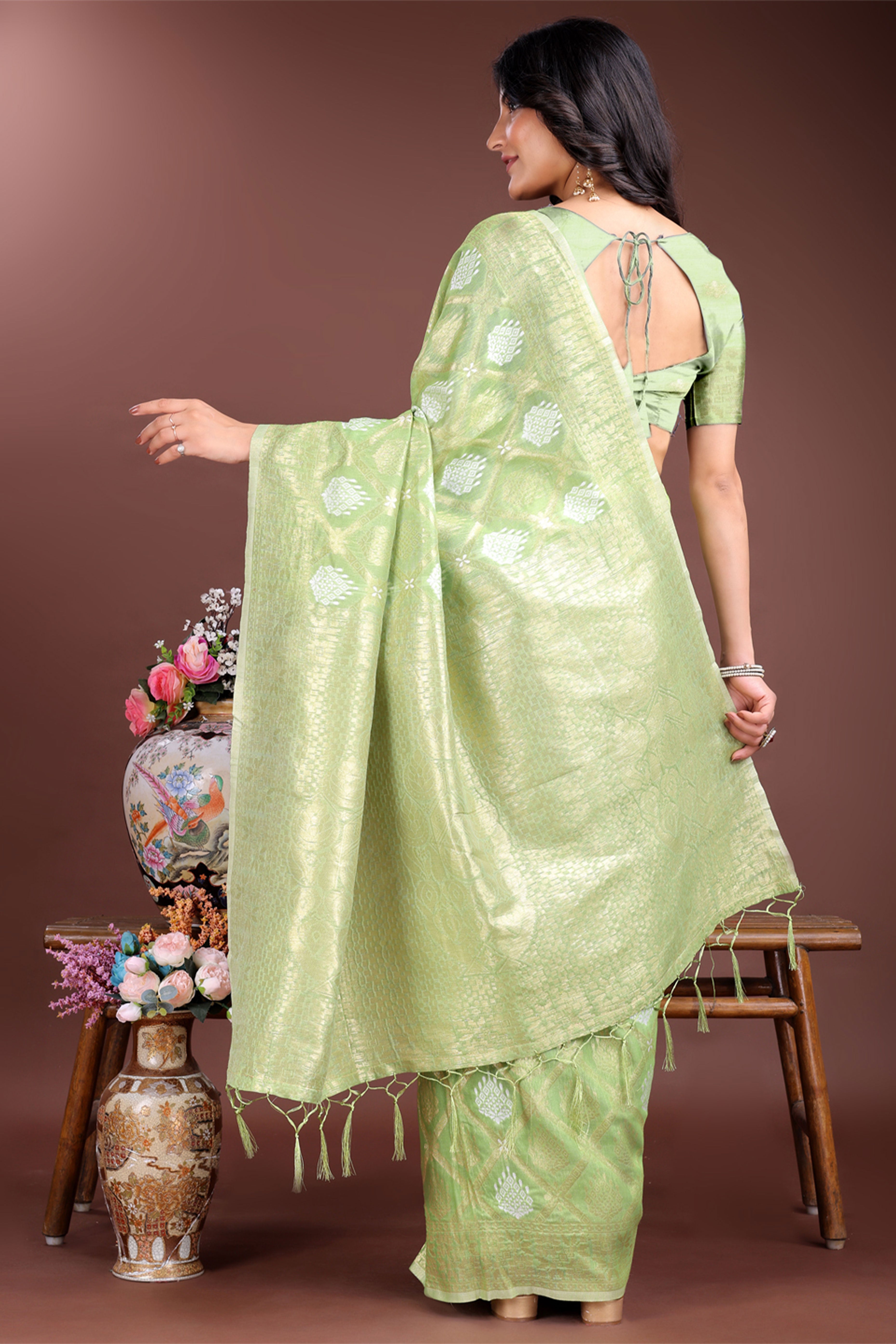 Light Green Zari Woven Linen Cotton Saree with Graceful Tassels