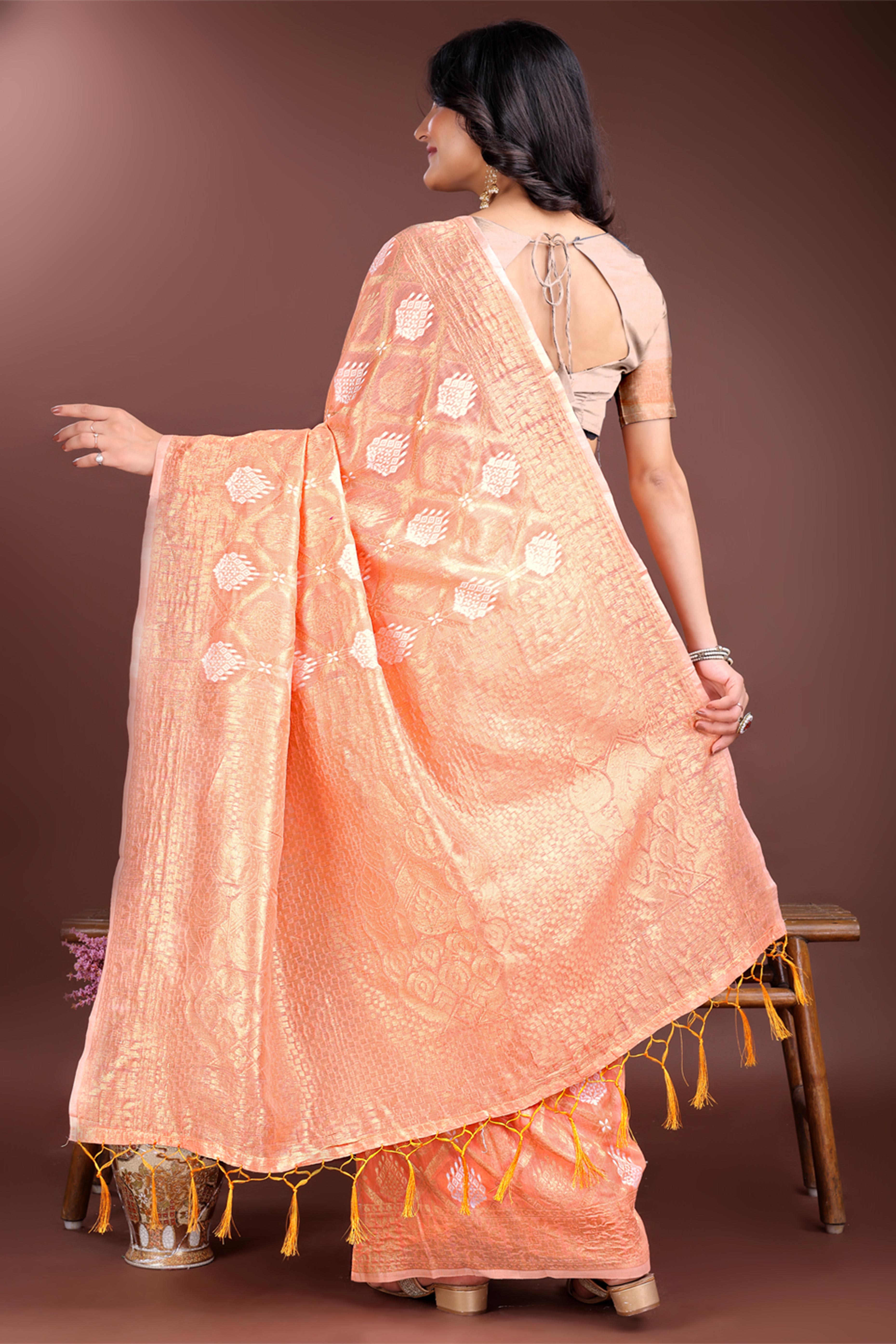 Orange Zari Woven Linen Cotton Saree with Graceful Tassels