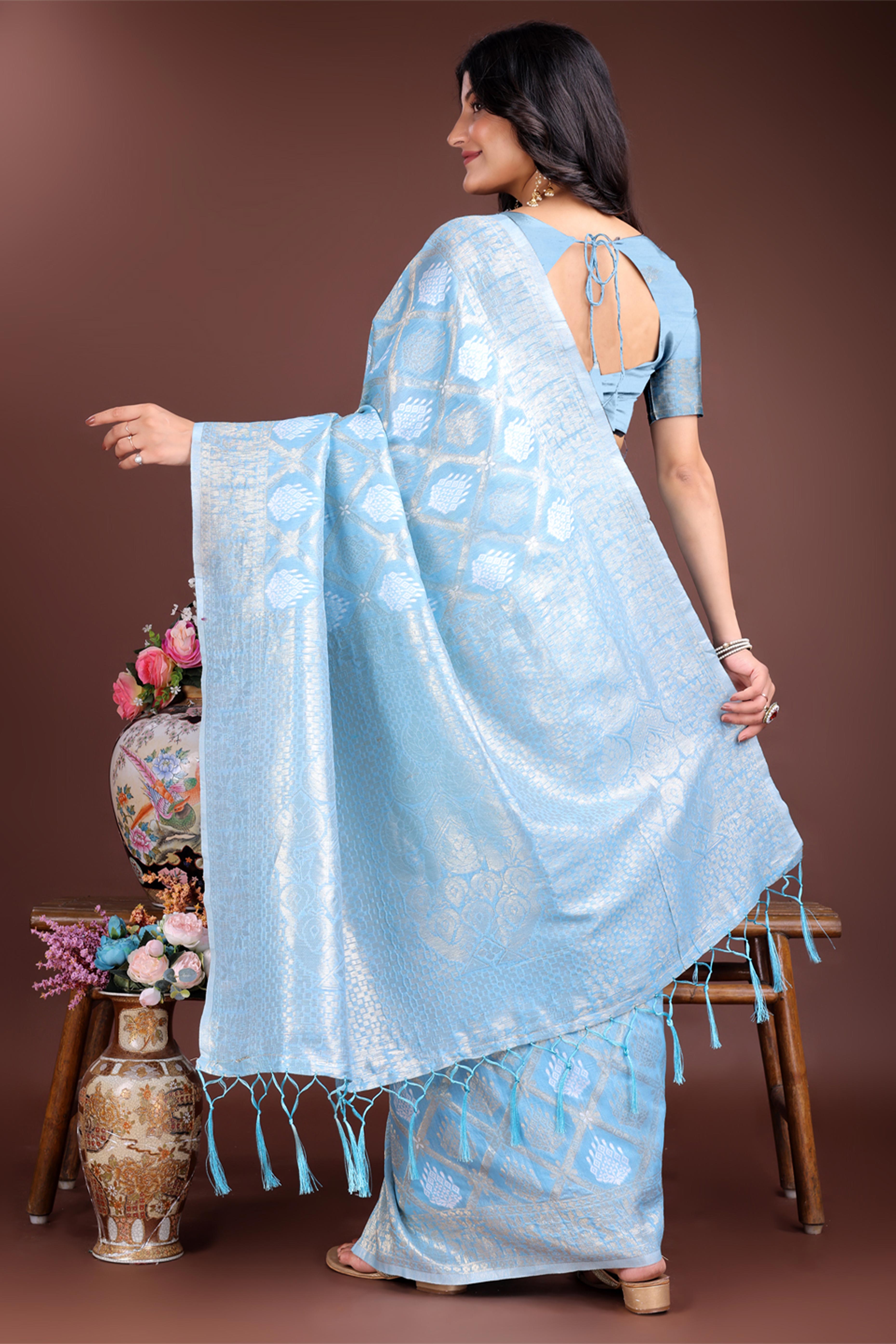 Sky Blue Zari Woven Linen Cotton Saree with Graceful Tassels