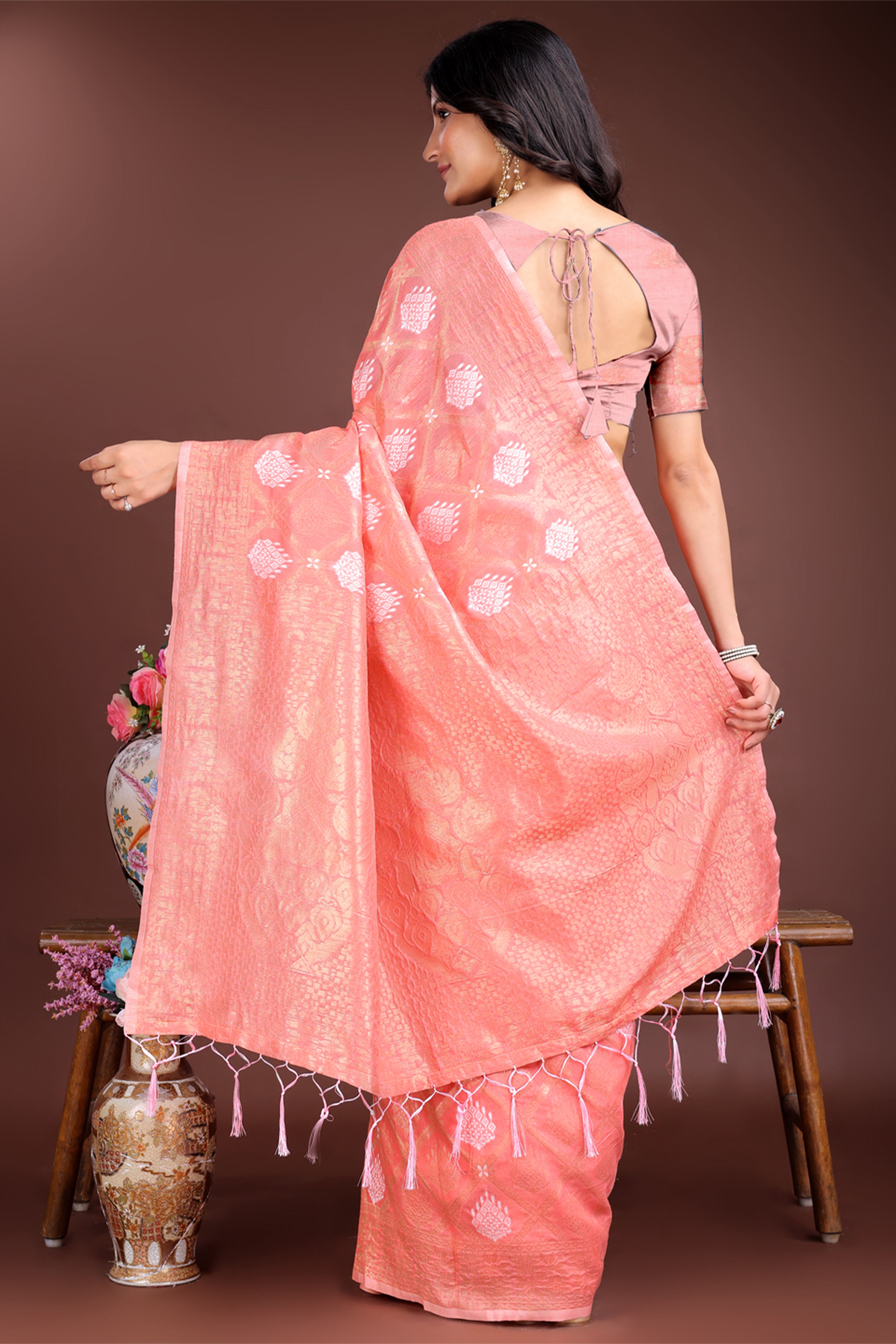 Peach Zari Woven Linen Cotton Saree with Graceful Tassels