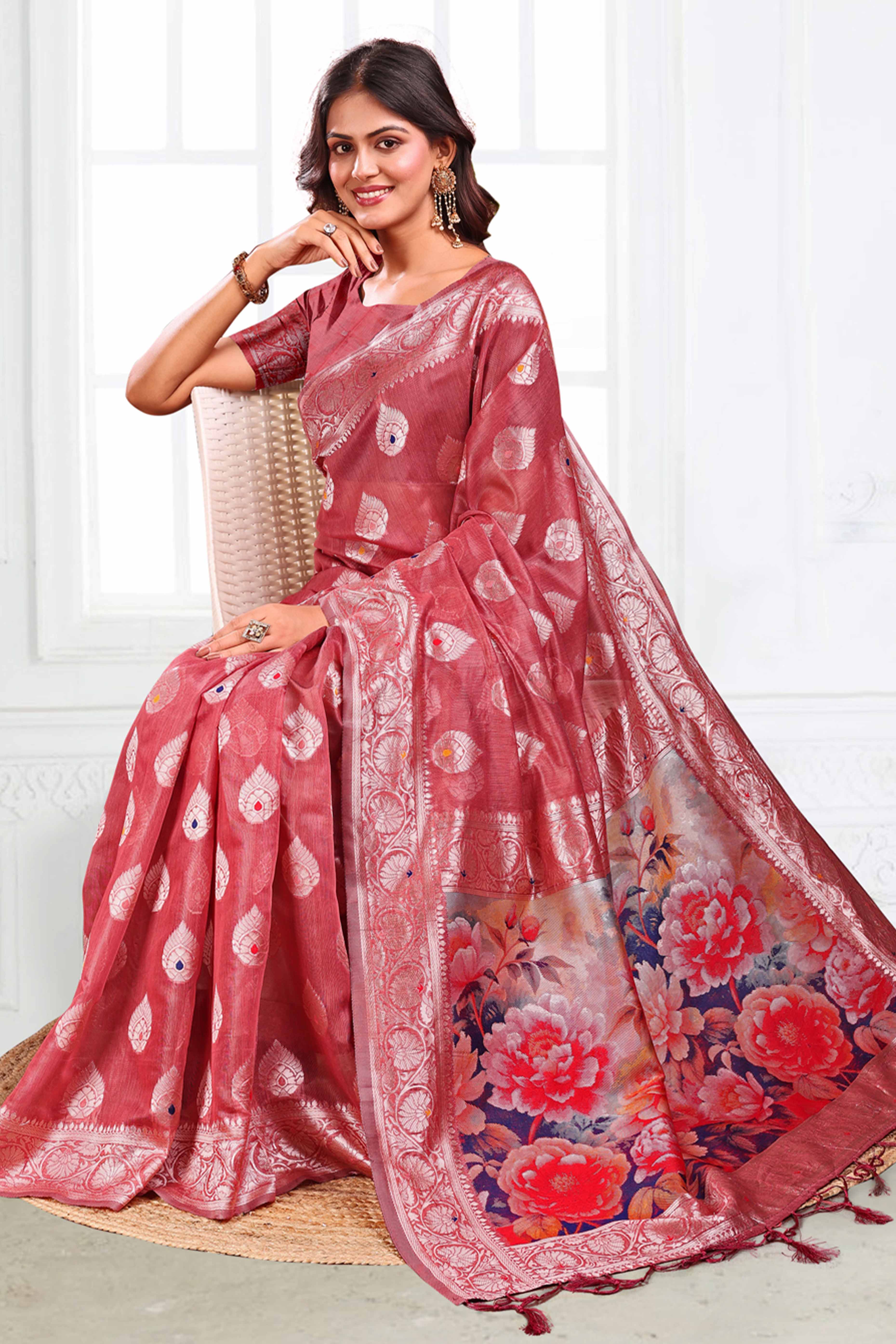 Deep Rose Pink Linen Cotton Silk Saree Adorned With Intricate Floral Zari Weaving & Tassel Pallu