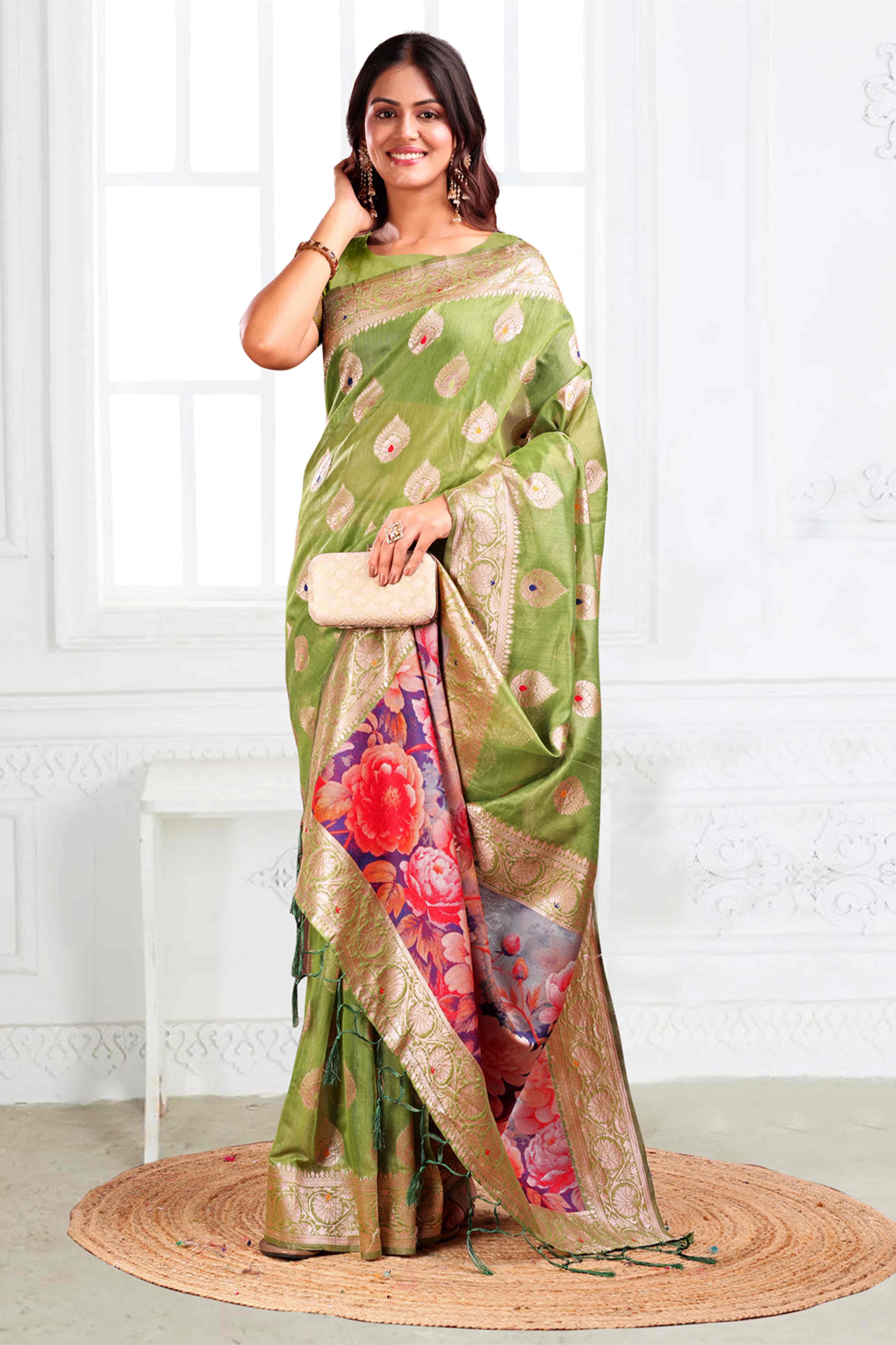 Green Linen Cotton Silk Saree Adorned With Intricate Floral Zari Weaving & Tassel Pallu