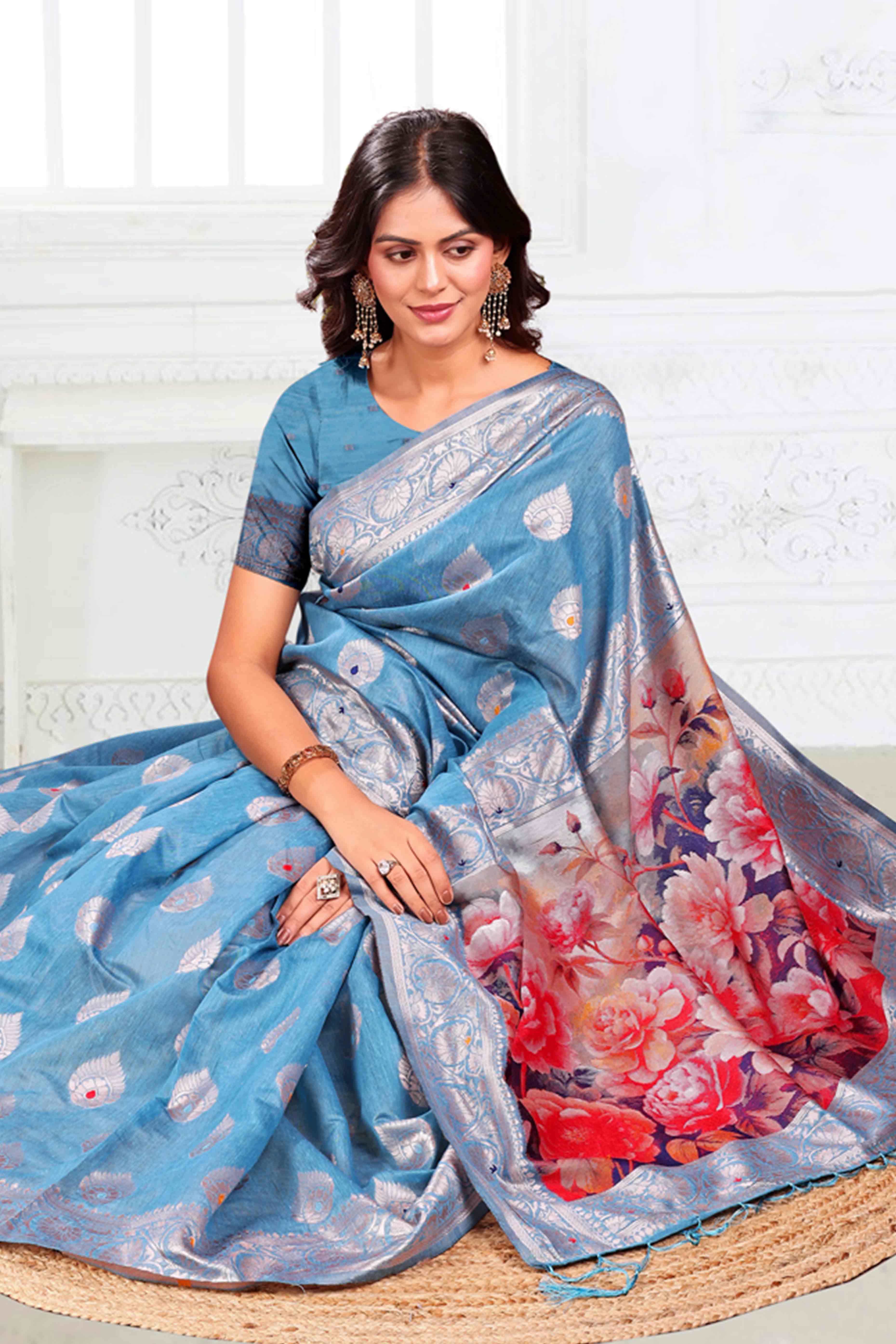 Sky Blue Linen Cotton Silk Saree Adorned With Intricate Floral Zari Weaving & Tassel Pallu