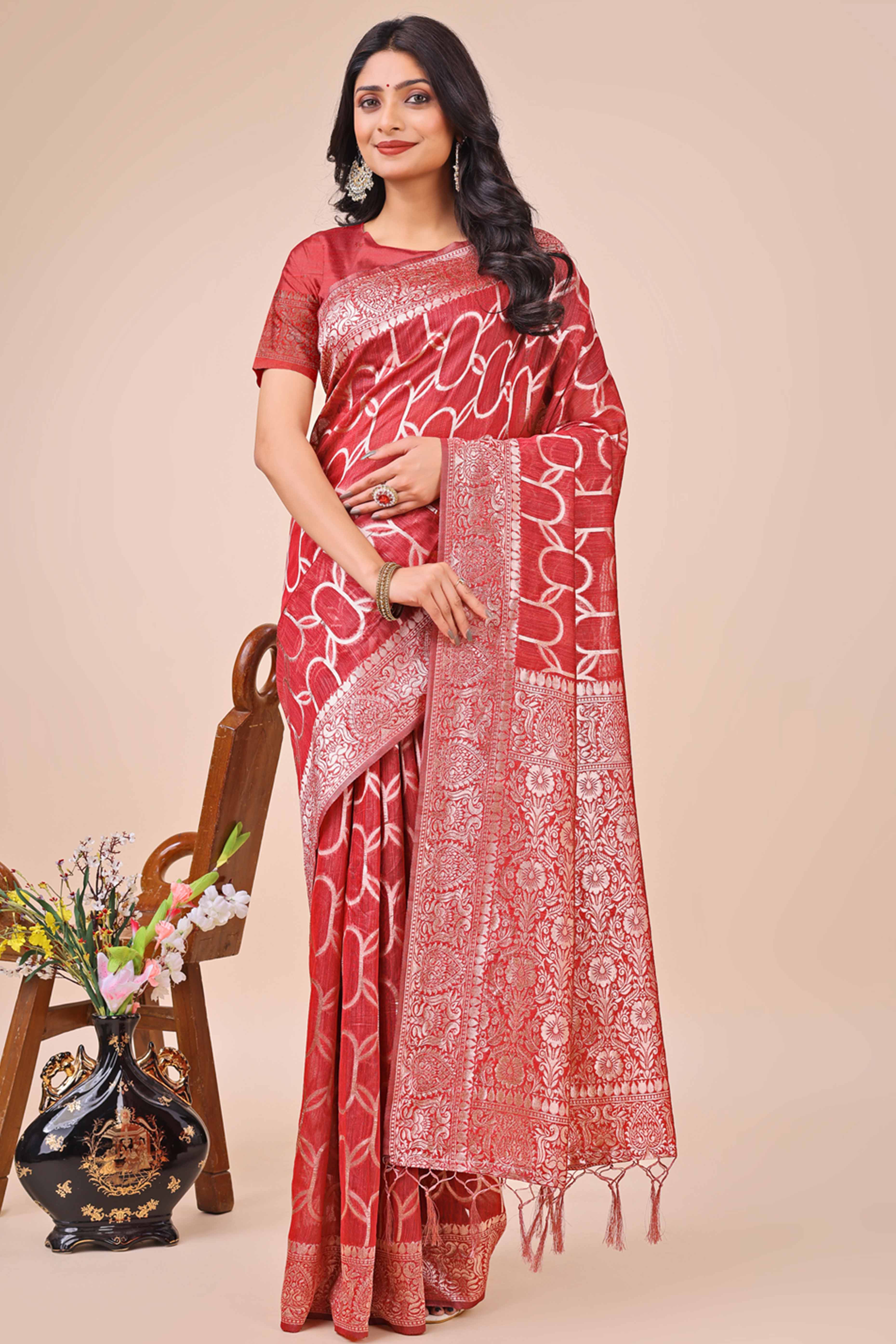 Red Linen Cotton Saree With Floral Zari Weaving & Delicate Tassel Border