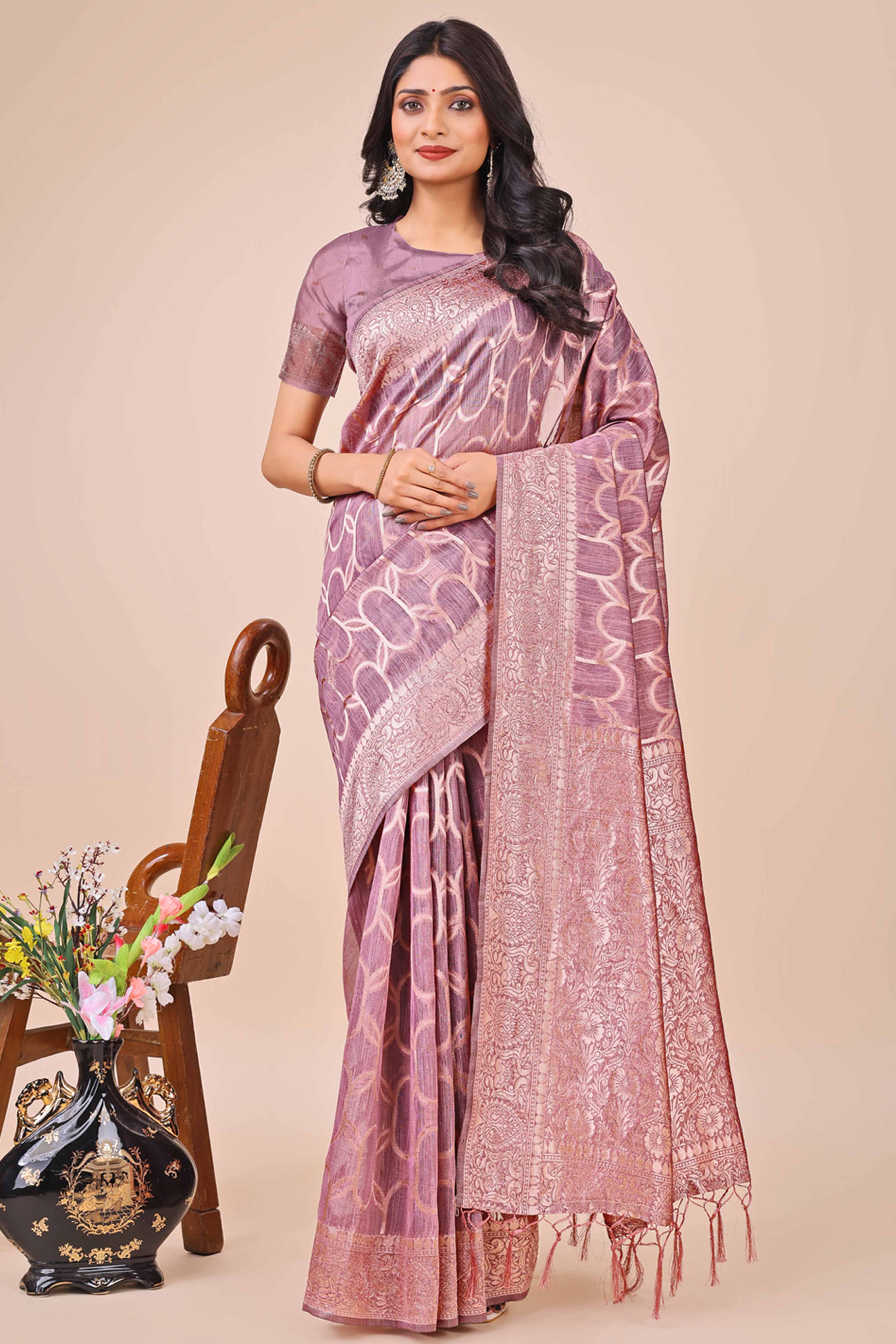 Purple Linen Cotton Saree With Floral Zari Weaving & Delicate Tassel Border