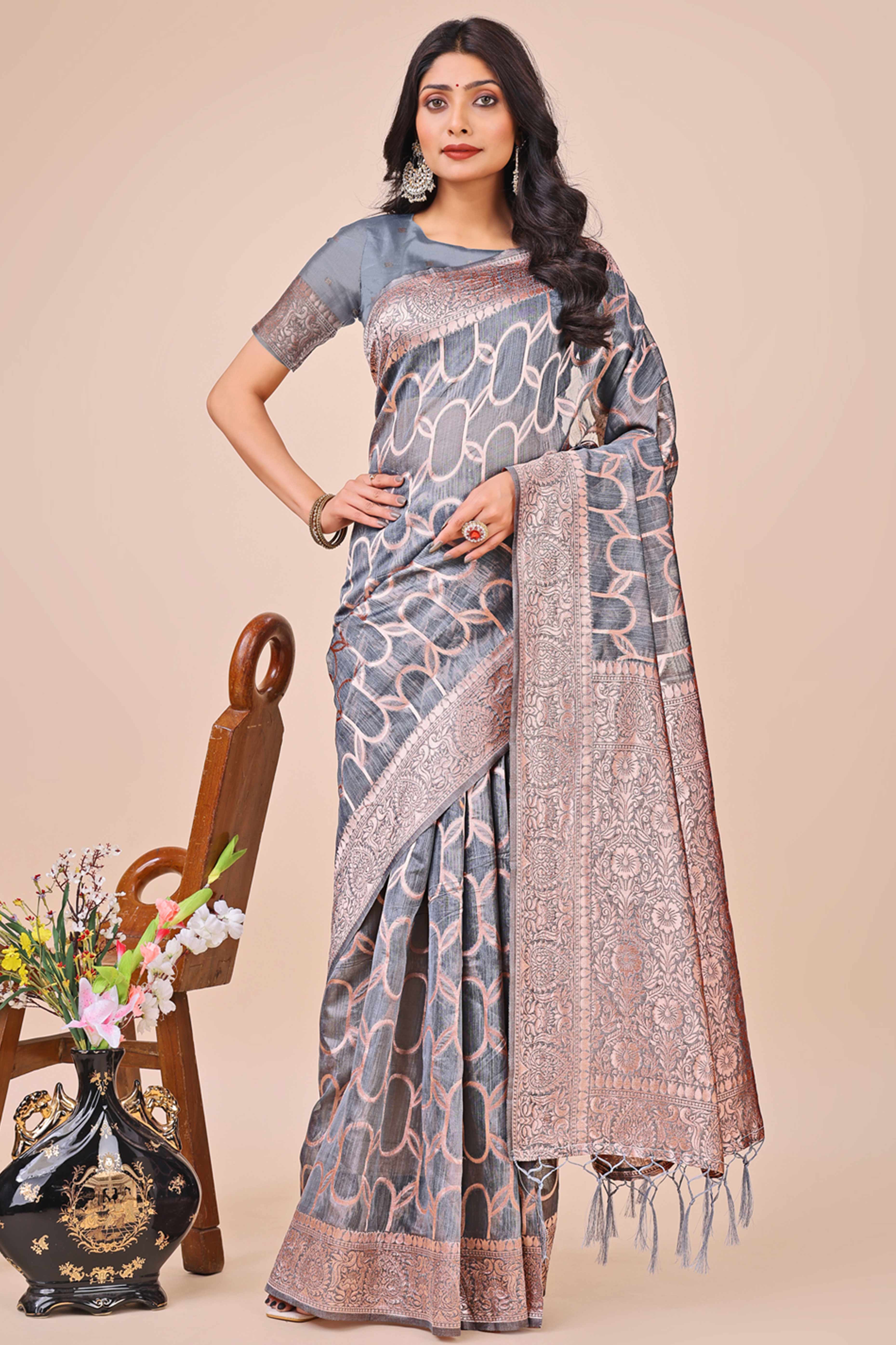 Grey Linen Cotton Saree With Floral Zari Weaving & Delicate Tassel Border