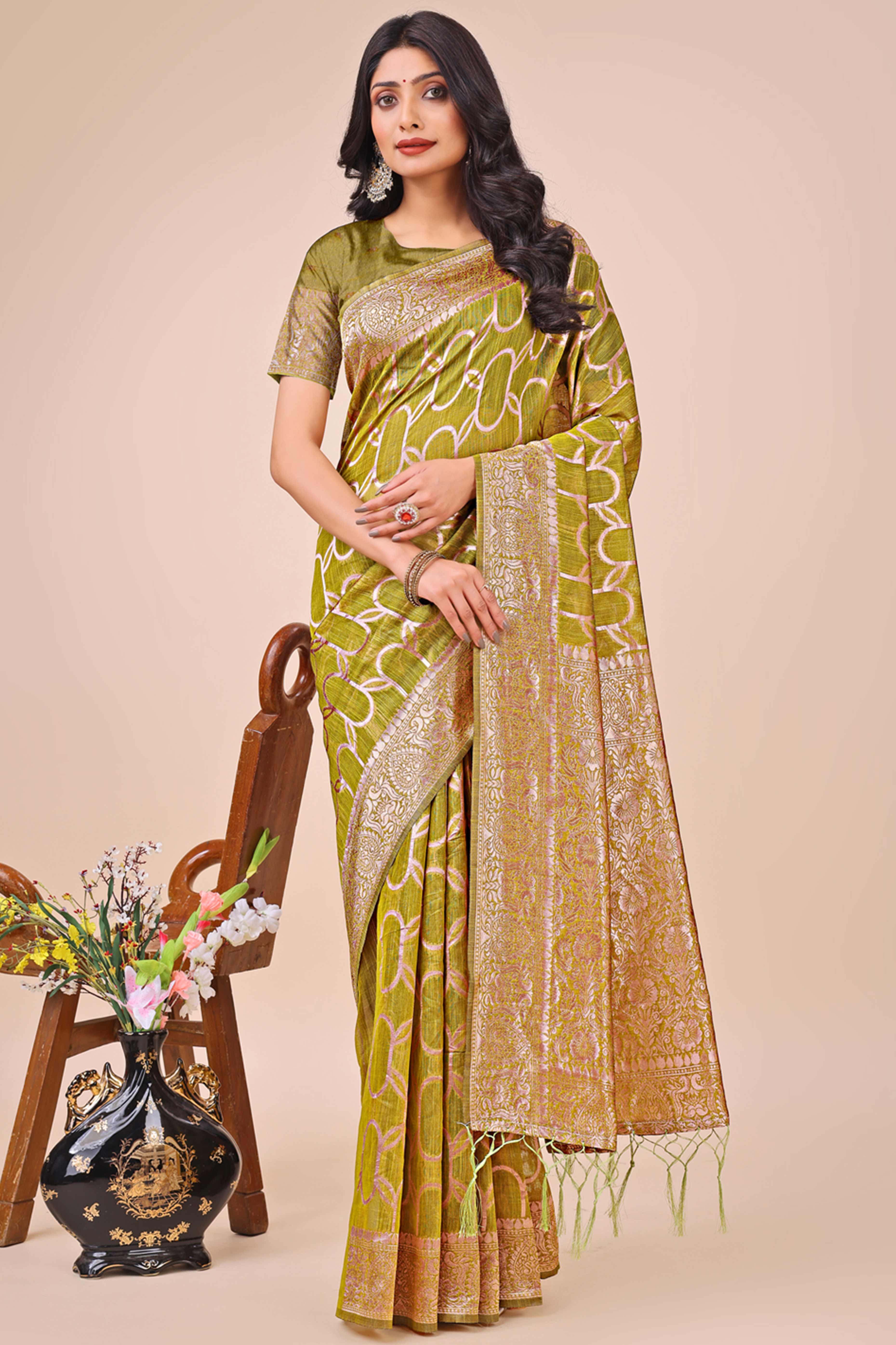 Olive Green Linen Cotton Saree With Floral Zari Weaving & Delicate Tassel Border