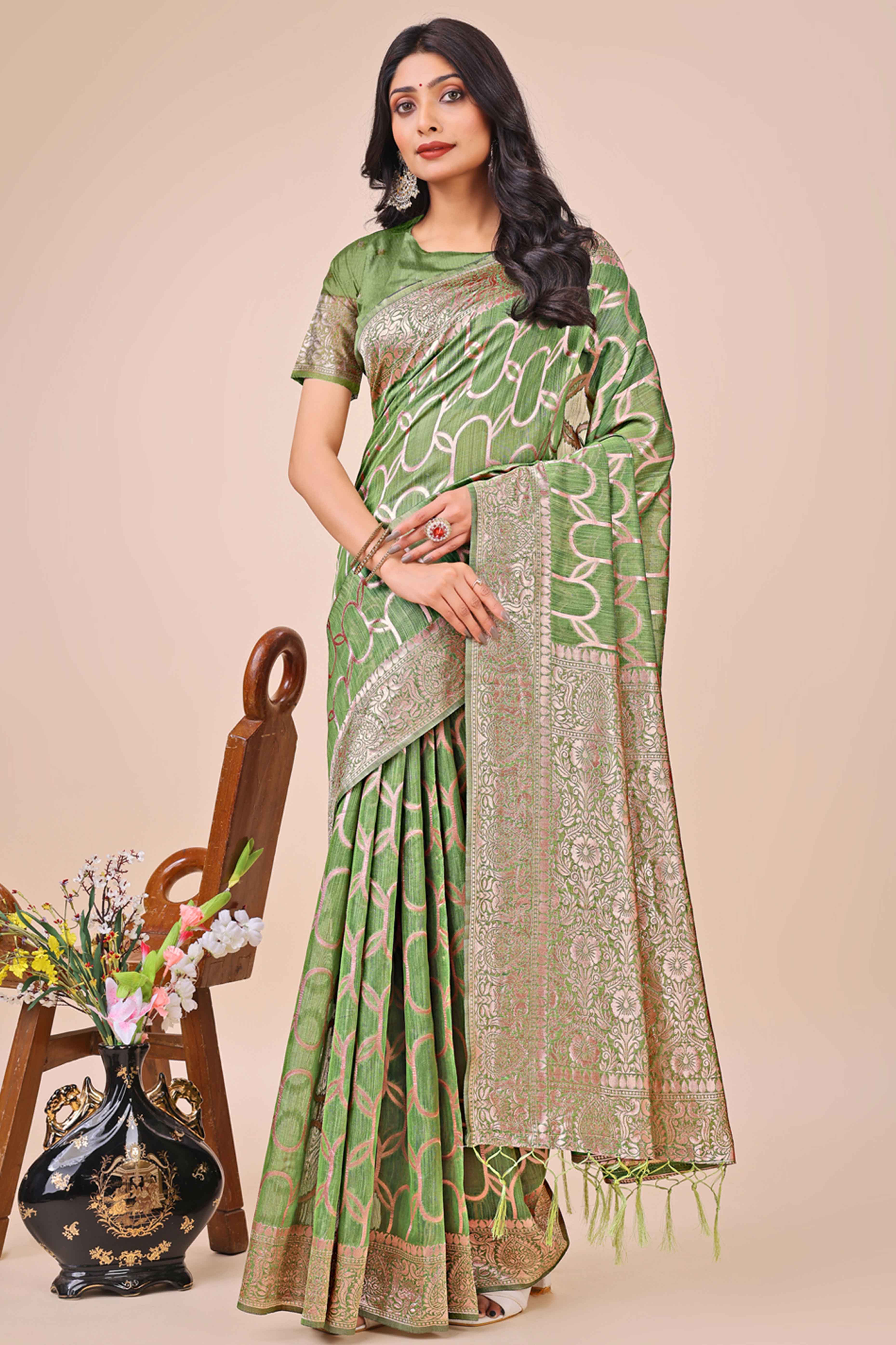 Green Linen Cotton Saree With Floral Zari Weaving & Delicate Tassel Border