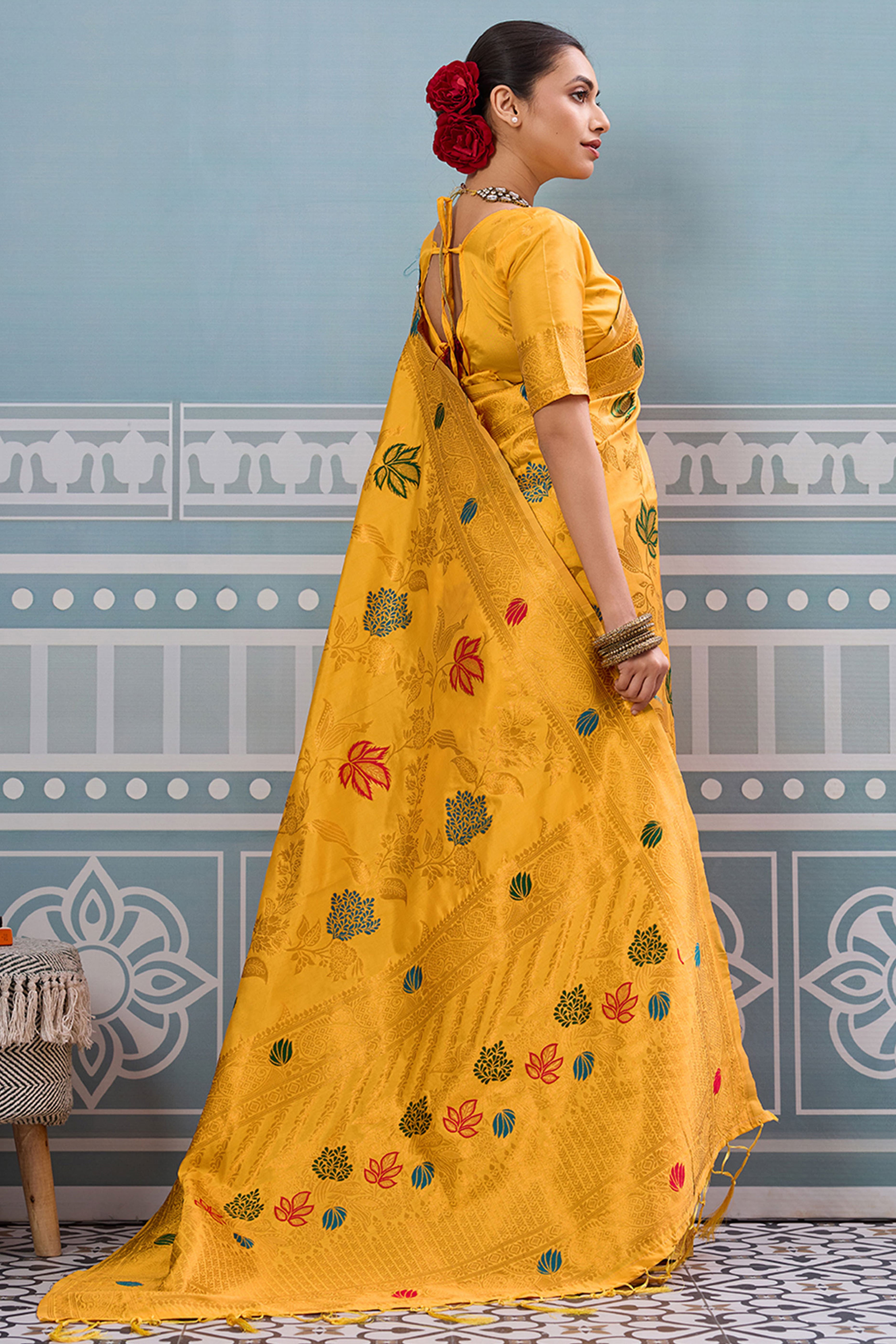 Radiant Yellow Silk Blend Saree Adorned With Intricate Floral Zari Weaving & Tassel Pallu