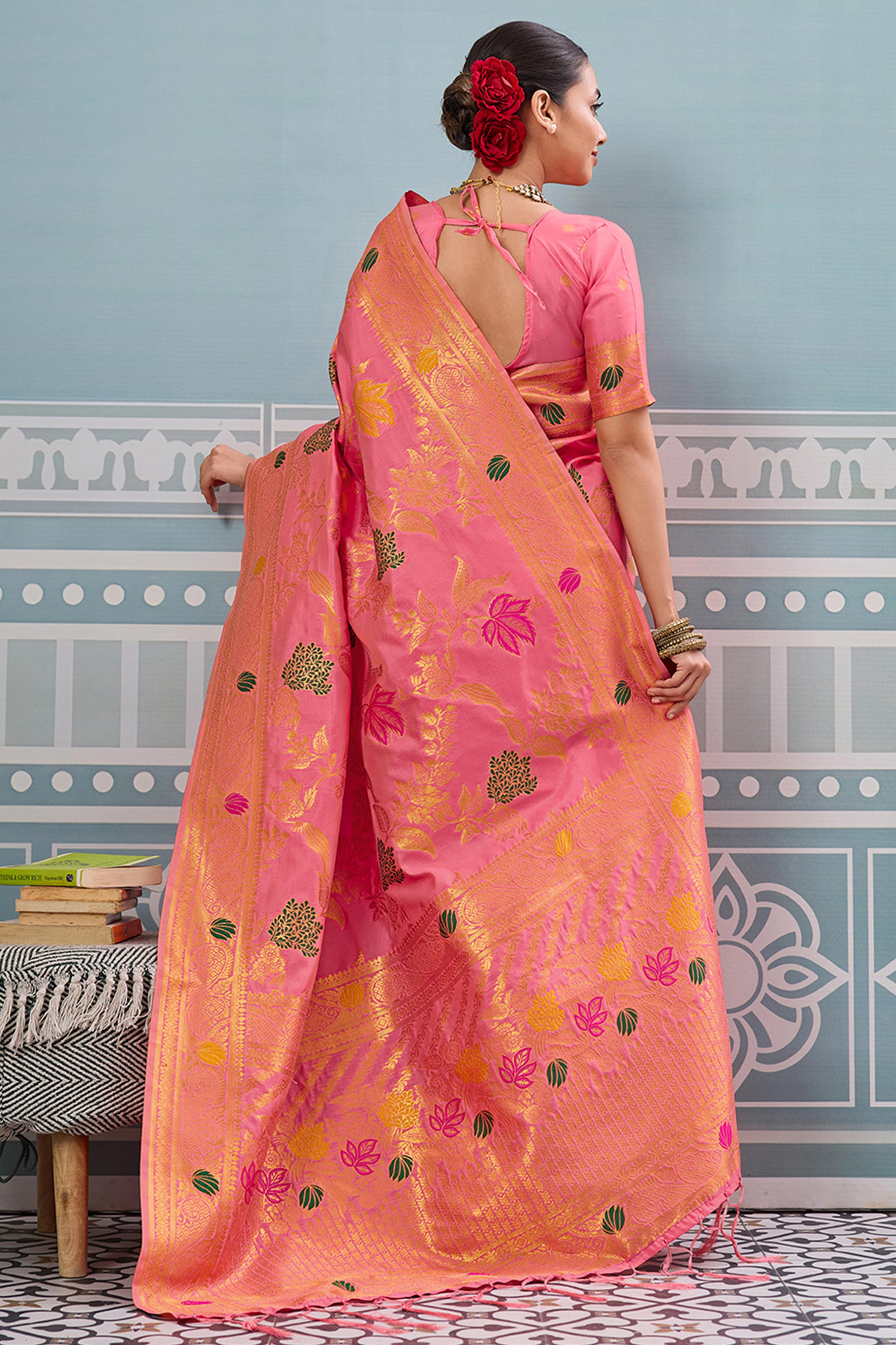 Radiant Pink Silk Blend Saree Adorned With Intricate Floral Zari Weaving & Tassel Pallu