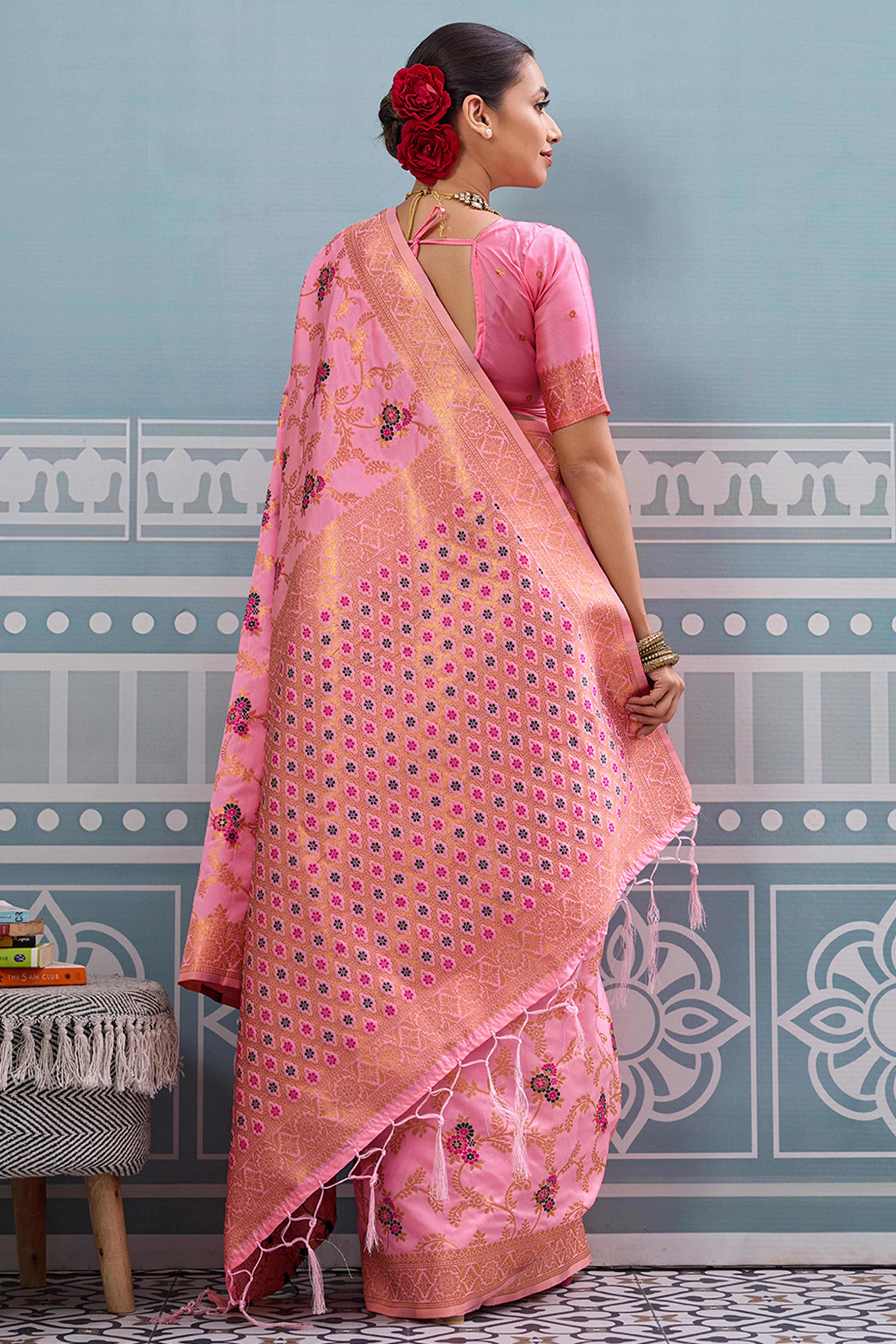 Majestic Bloom Light Pink Floral Zari Weaving Silk Blend Saree With Elegant Tassel Pallu