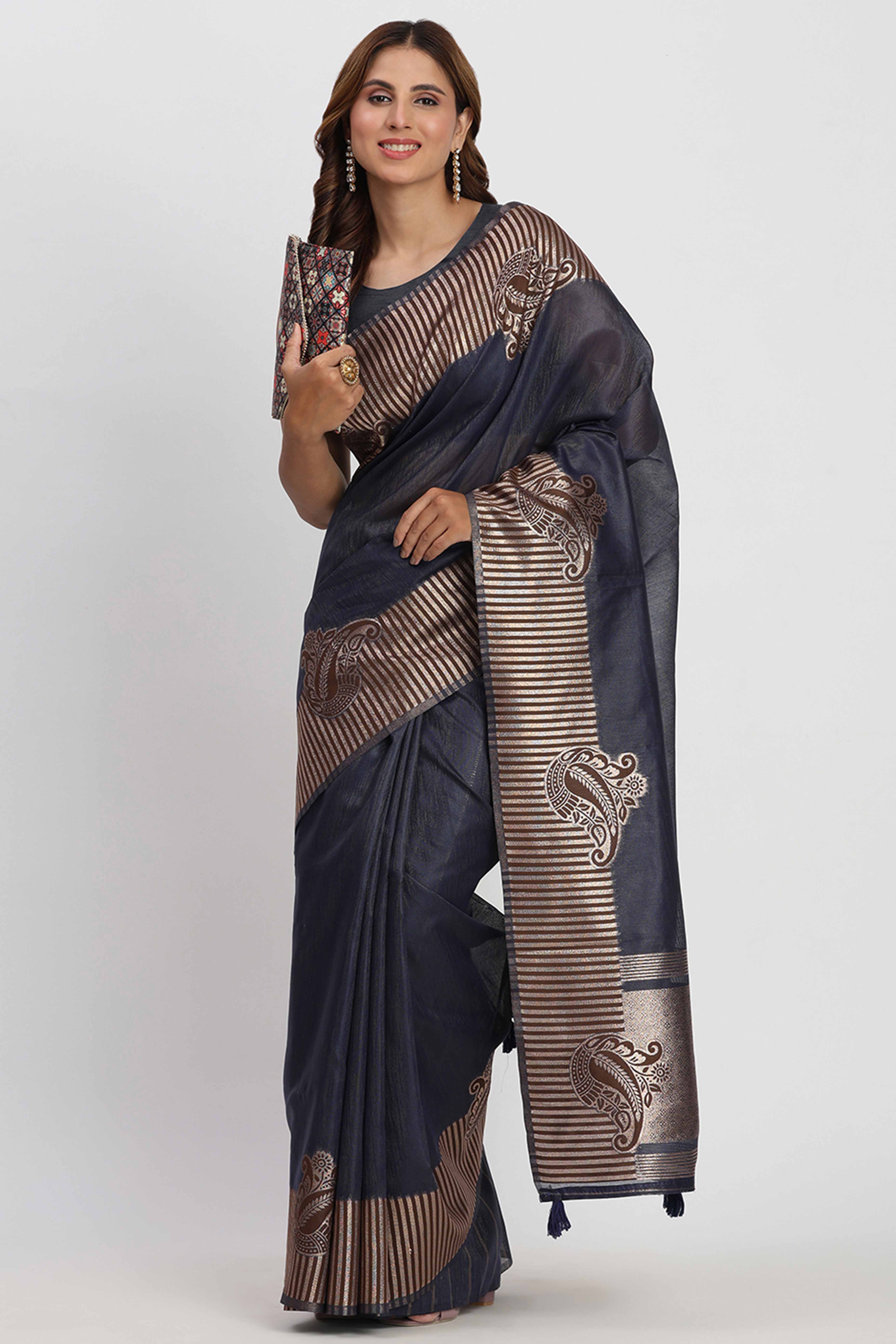 Linen Cotton Saree in Navy Blue Hue Featuring Rich Zari Weaving