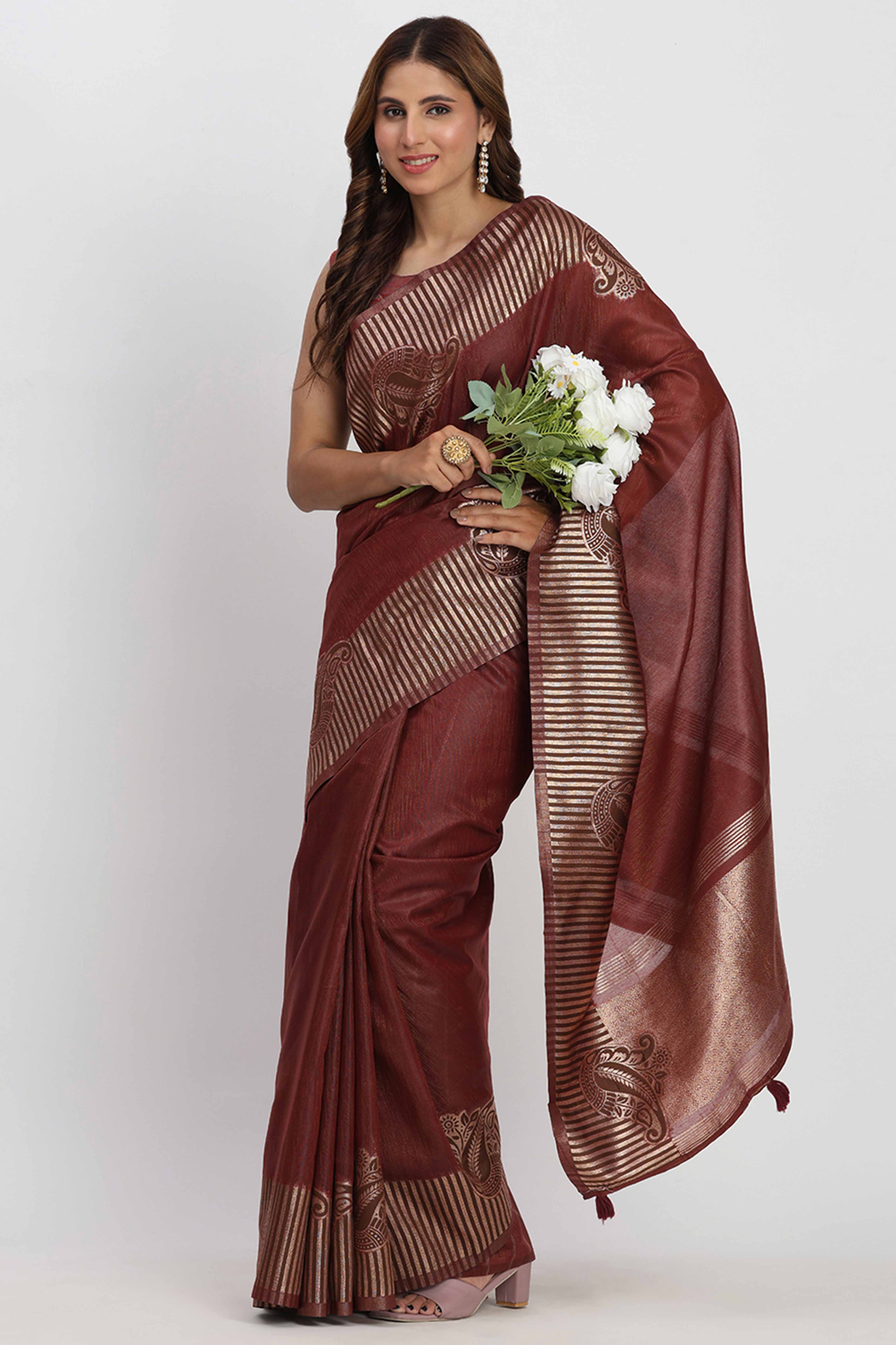 Linen Cotton Saree in Maroon Hue Featuring Rich Zari Weaving