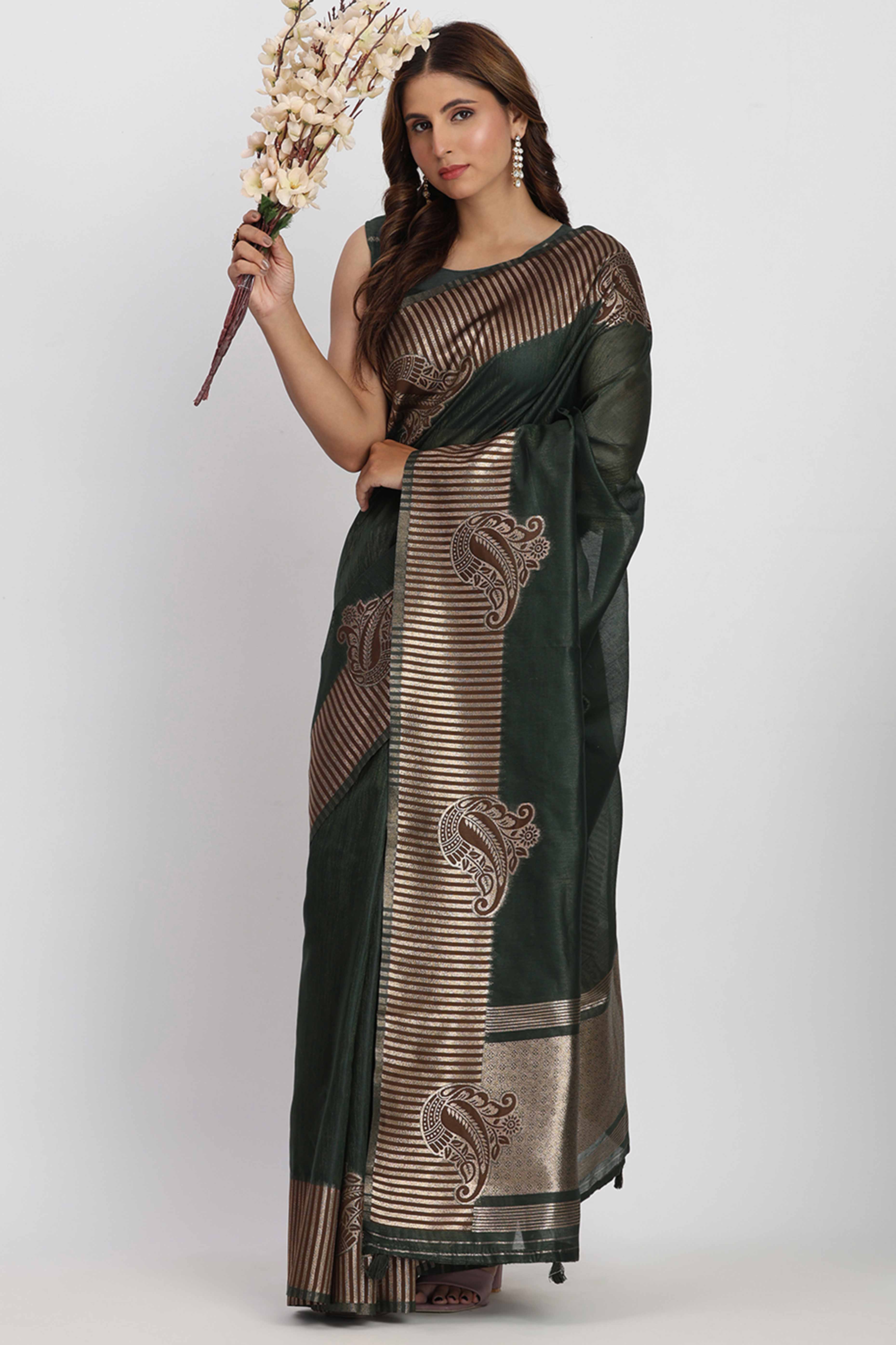 Linen Cotton Saree in Dark Green Hue Featuring Rich Zari Weaving