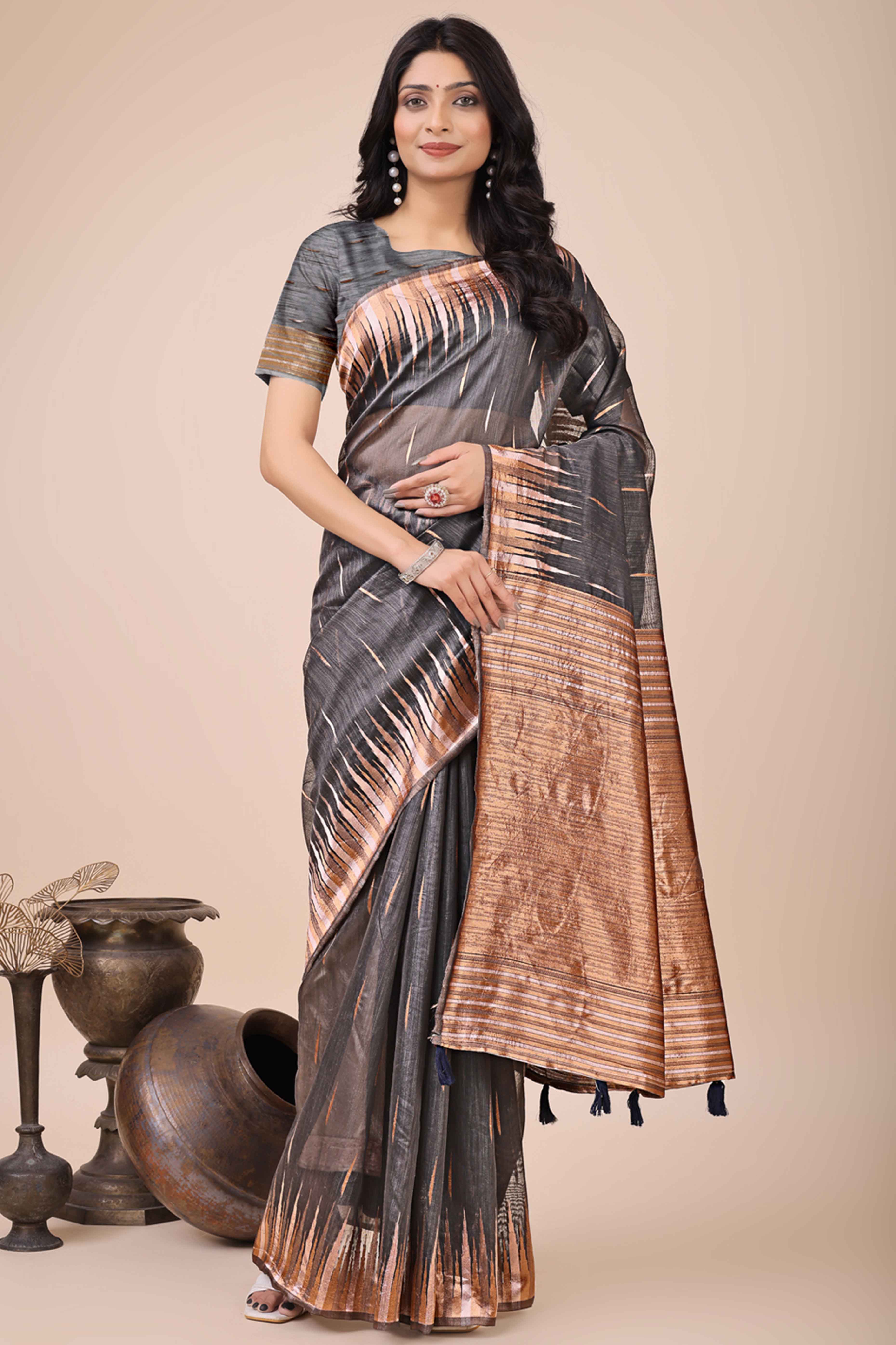 Dark Grey Saree In Linen Cotton With Exquisite Zari Weaving & Subtle Tassel Border