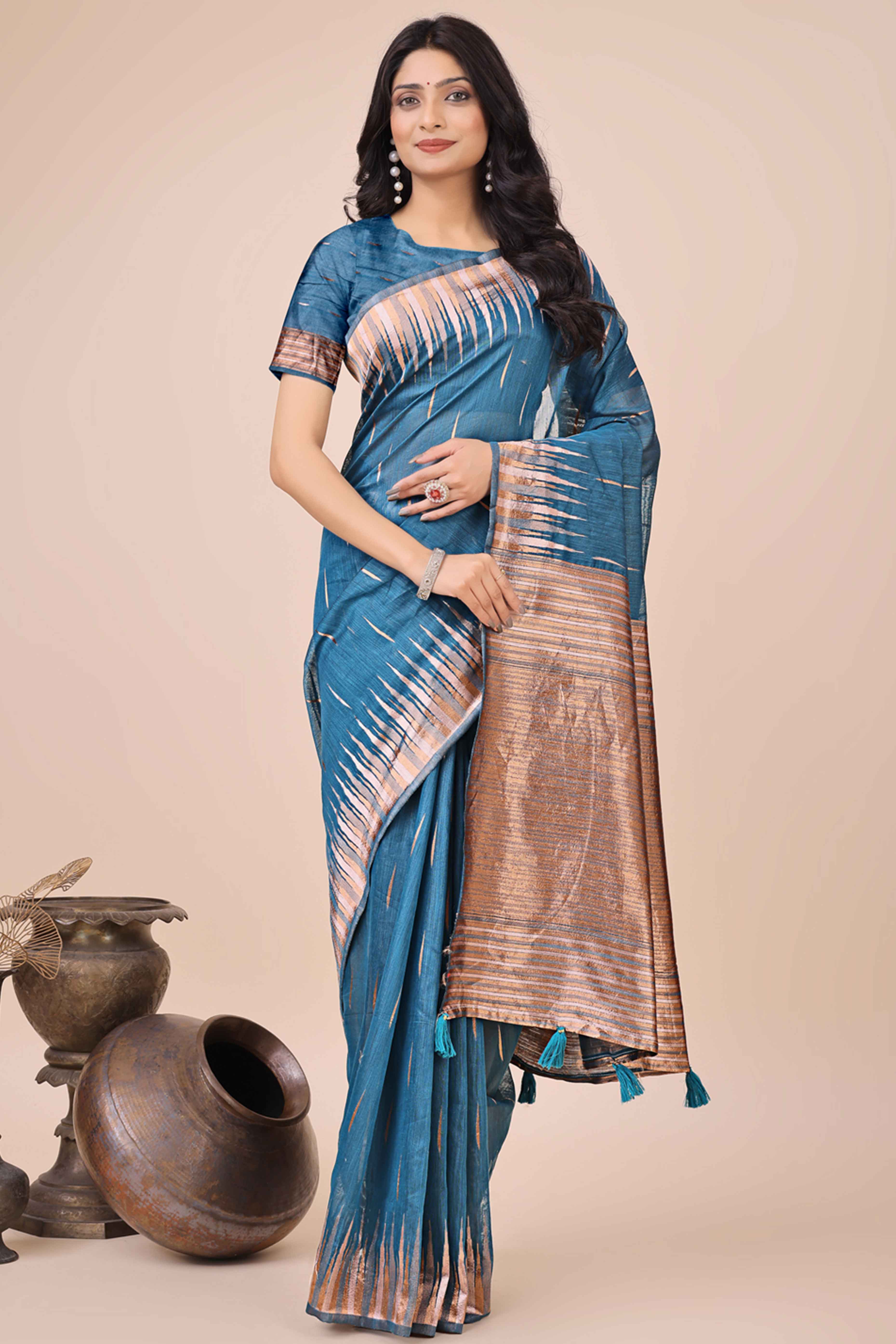 Blue Saree In Linen Cotton With Exquisite Zari Weaving & Subtle Tassel Border