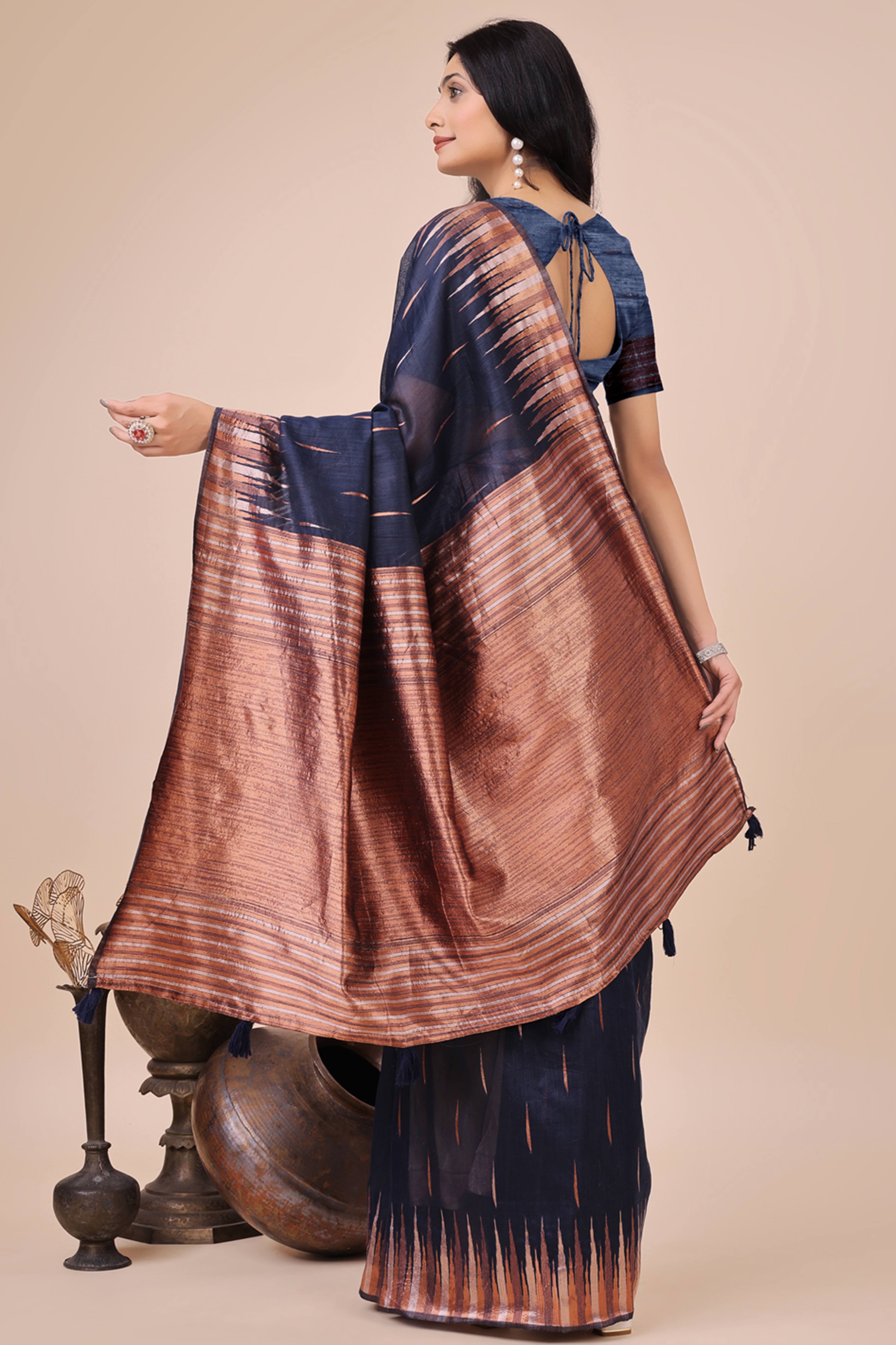 Navy Blue Saree In Linen Cotton With Exquisite Zari Weaving & Subtle Tassel Border