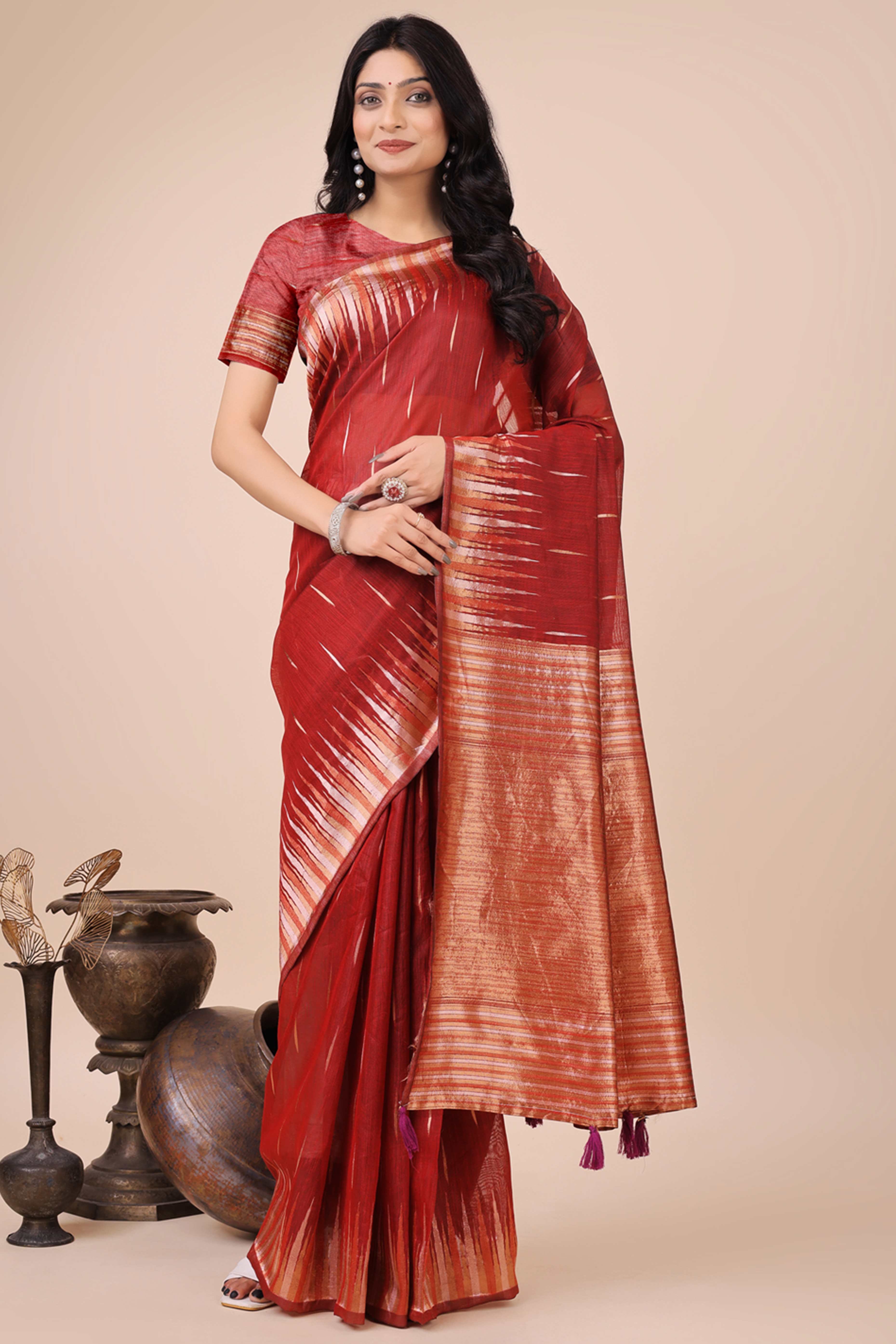 Red Saree In Linen Cotton With Exquisite Zari Weaving & Subtle Tassel Border