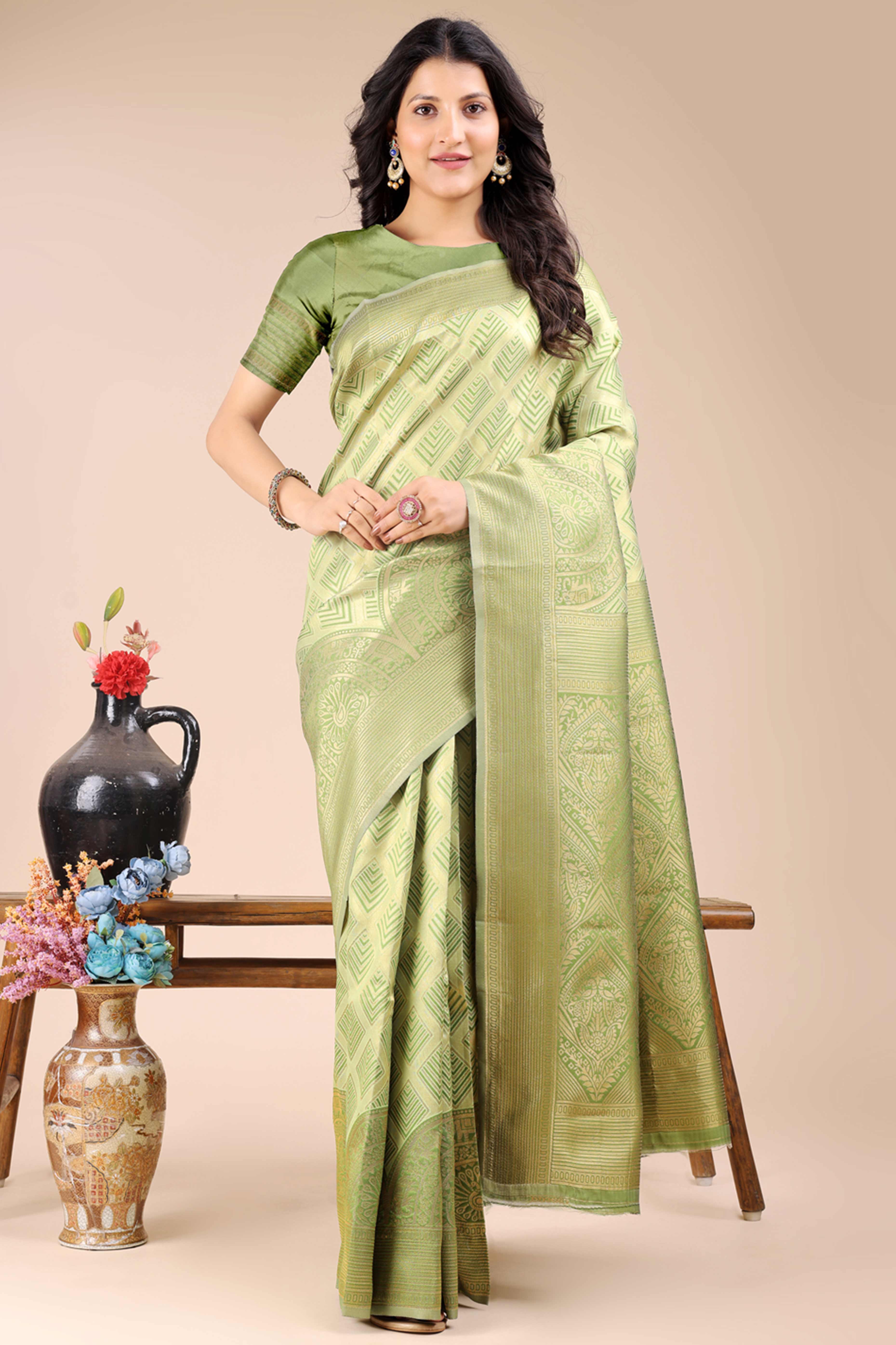 Light Green Zari Woven Banarasi Silk Saree with Luxurious Detailing