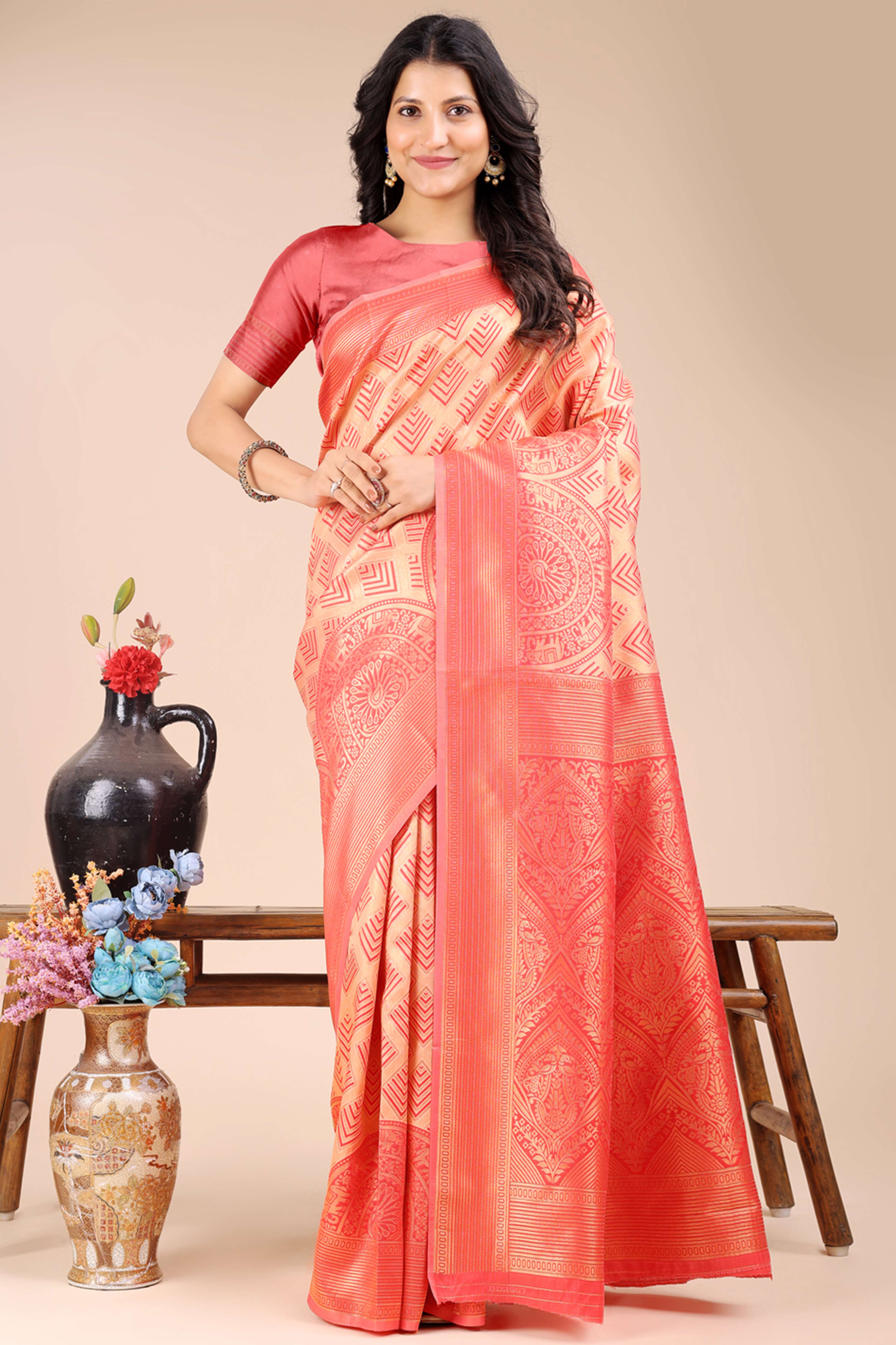 Peach Zari Woven Banarasi Silk Saree with Luxurious Detailing