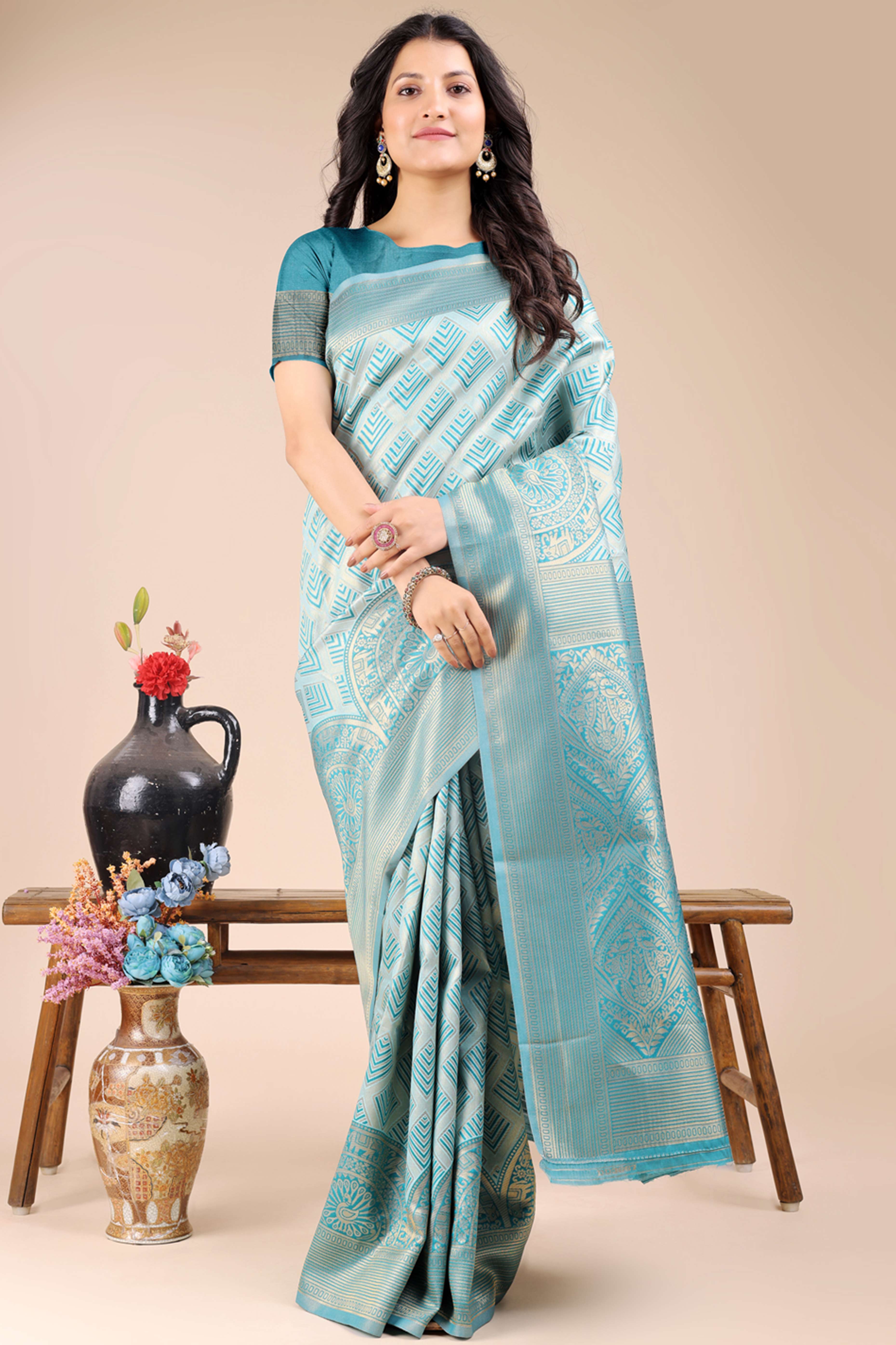 Aqua Blue Zari Woven Banarasi Silk Saree with Luxurious Detailing