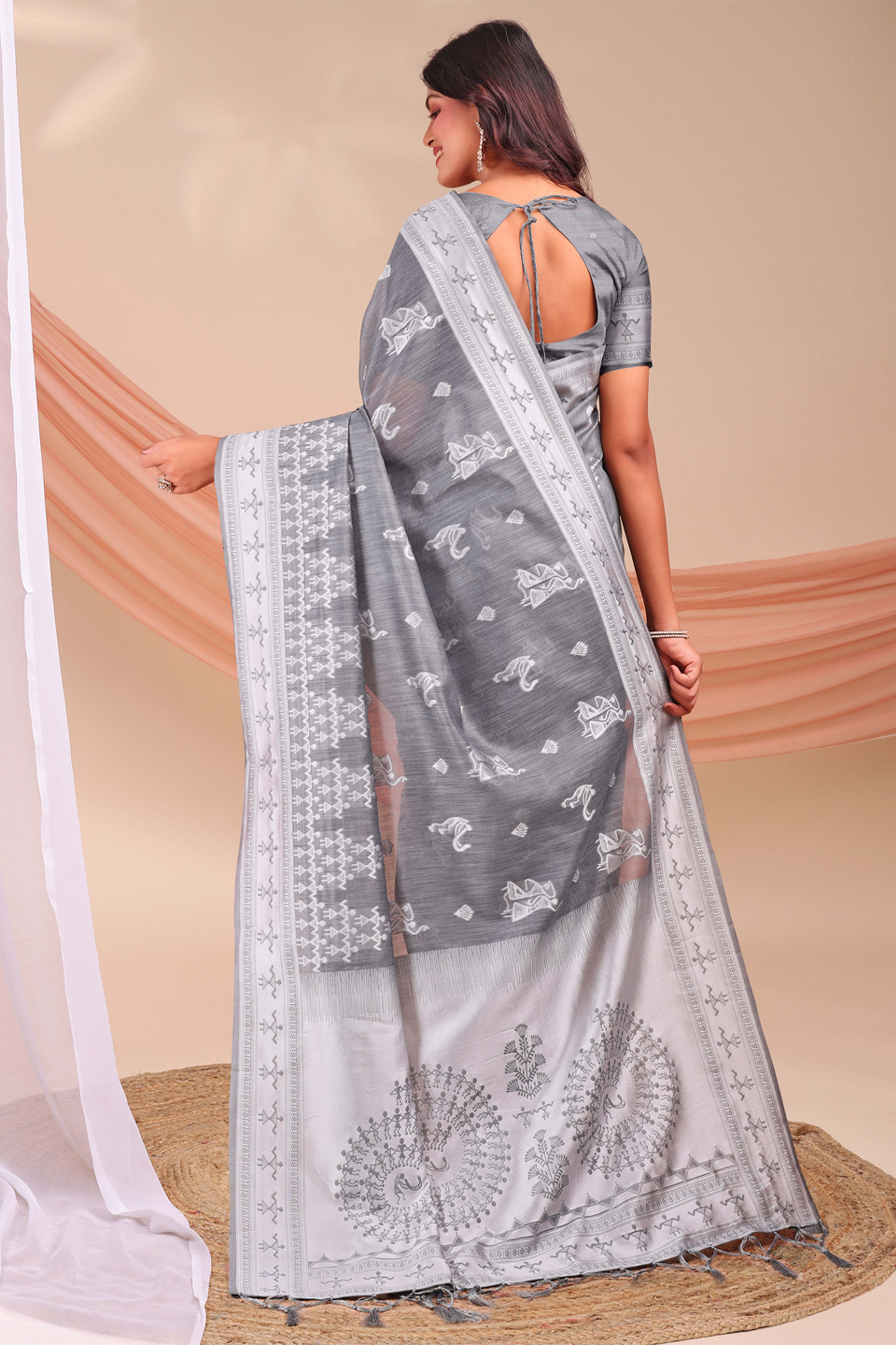 Grey Ethnic Saree in Soft Linen Cotton Fabric Featuring Warli Art Weaving