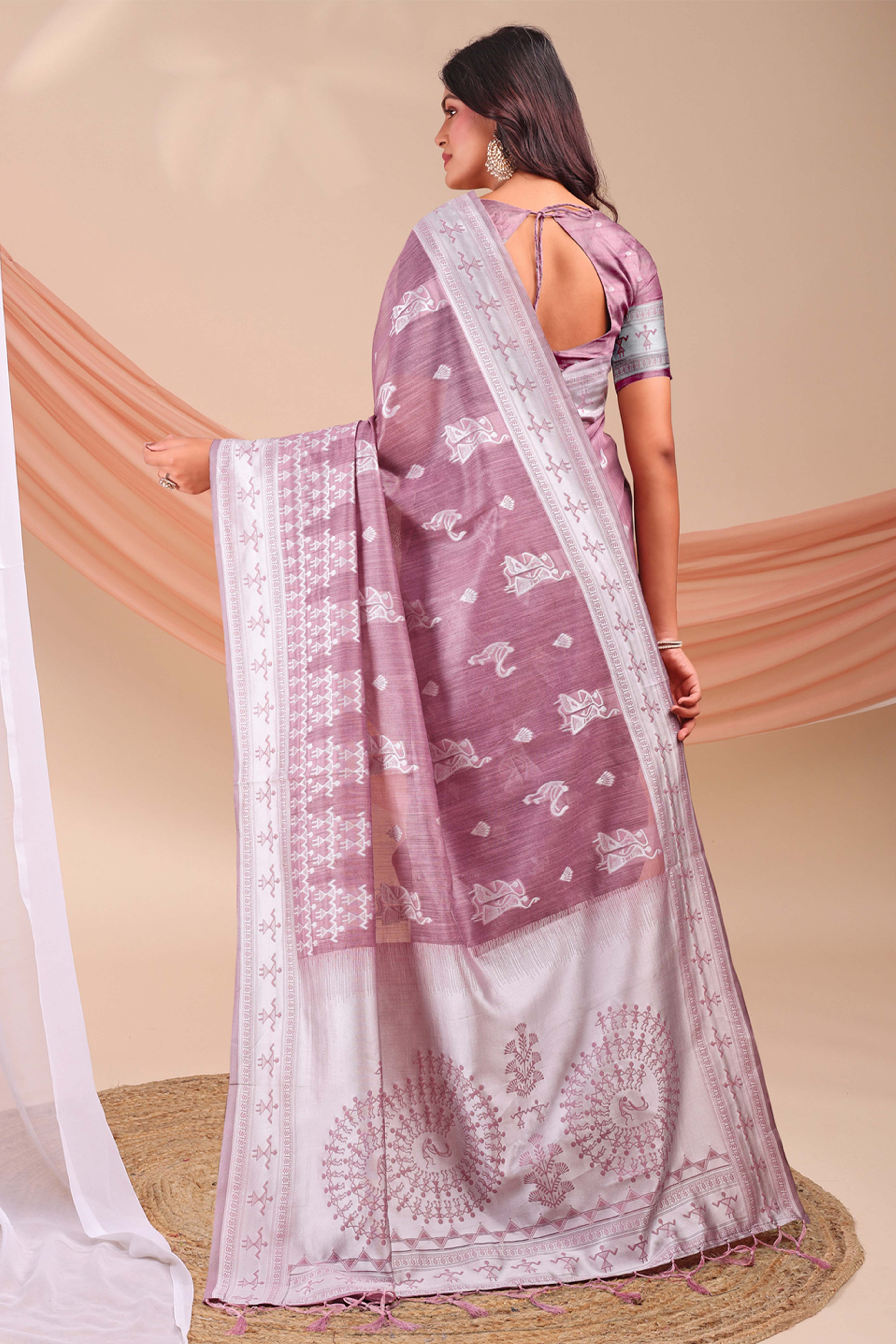 Mauve Ethnic Saree in Soft Linen Cotton Fabric Featuring Warli Art Weaving