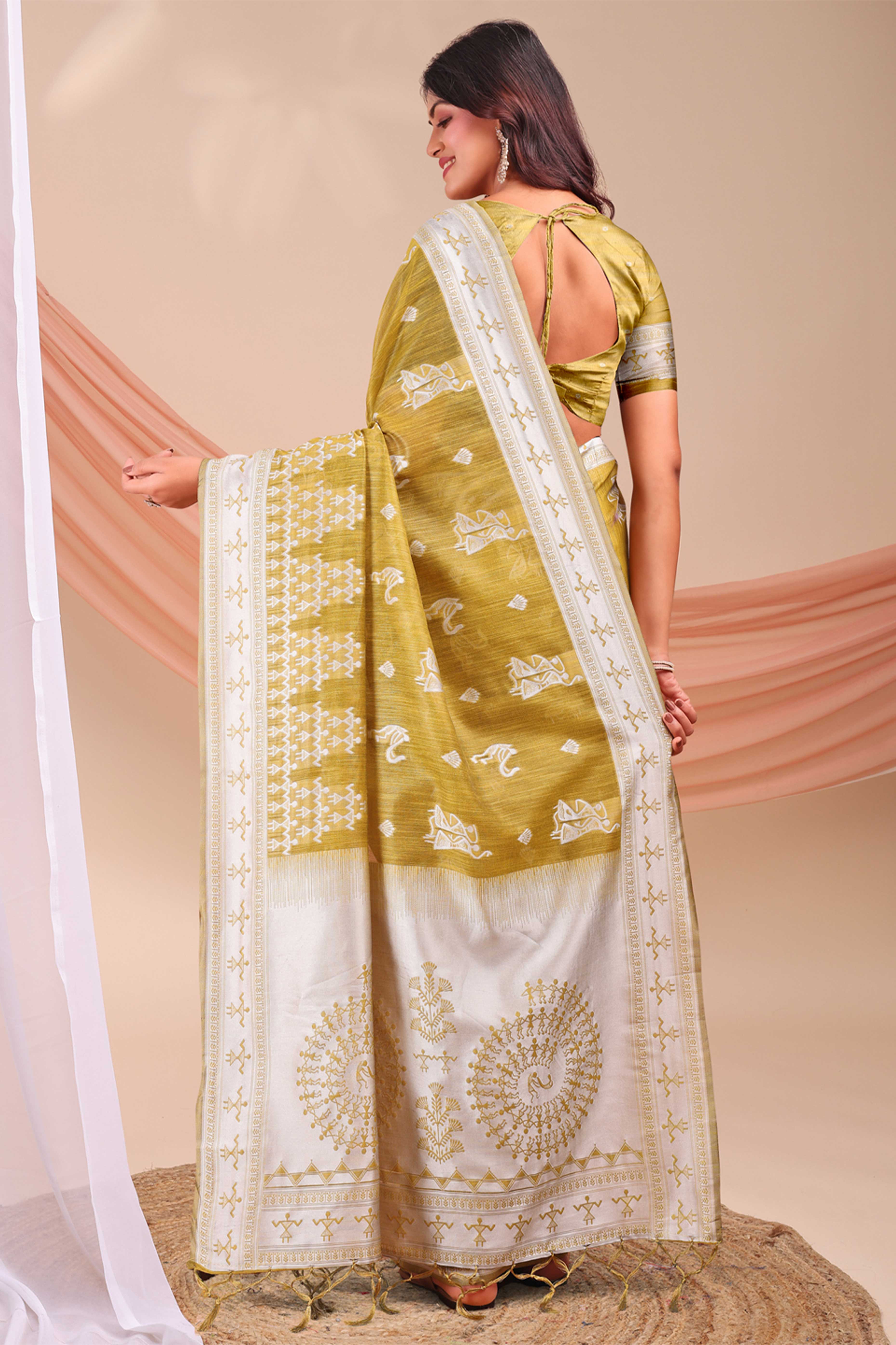 Olive Ethnic Saree in Soft Linen Cotton Fabric Featuring Warli Art Weaving