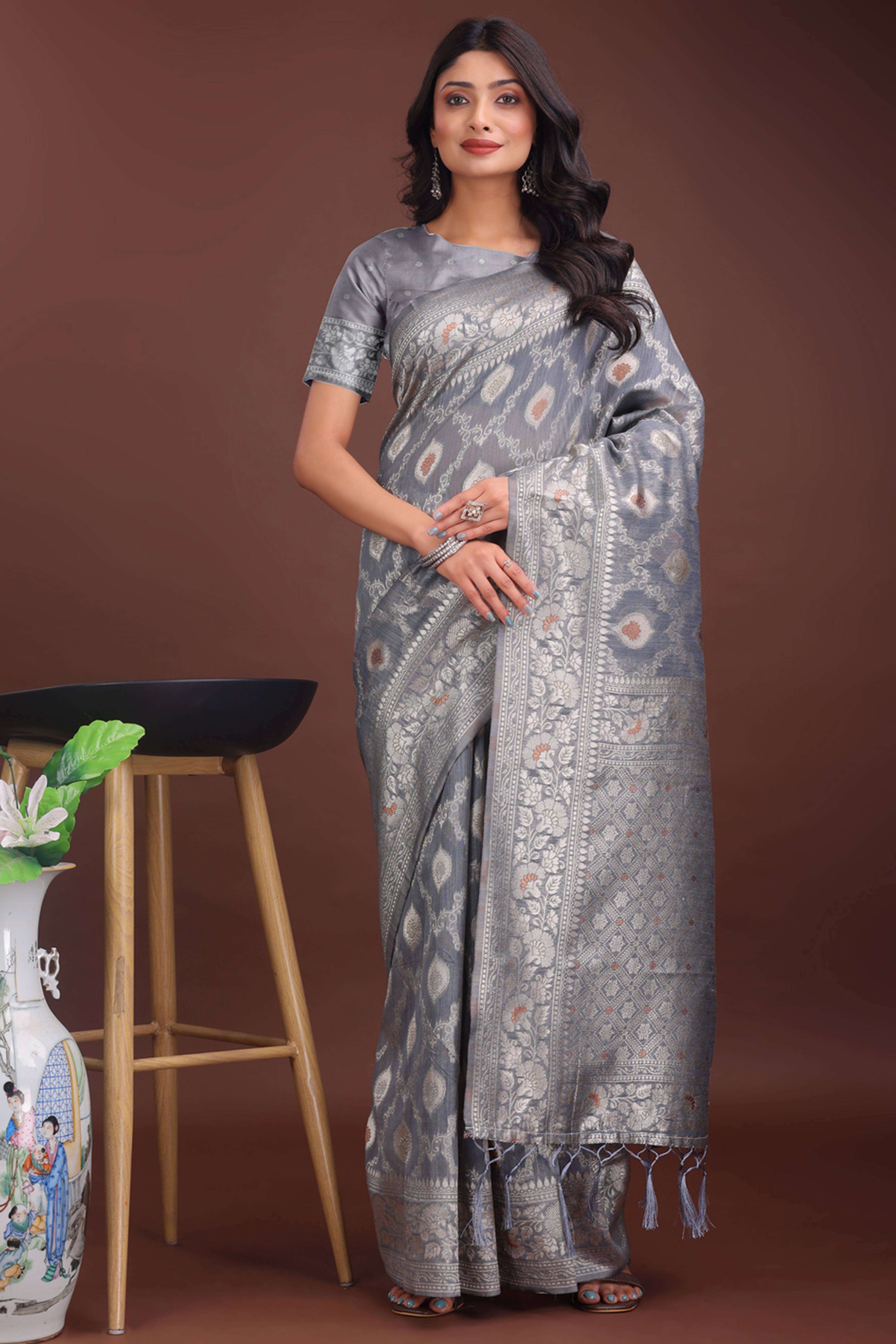 Grey Cotton Blend Saree with Banarasi Style Floral Weaving and Tassels