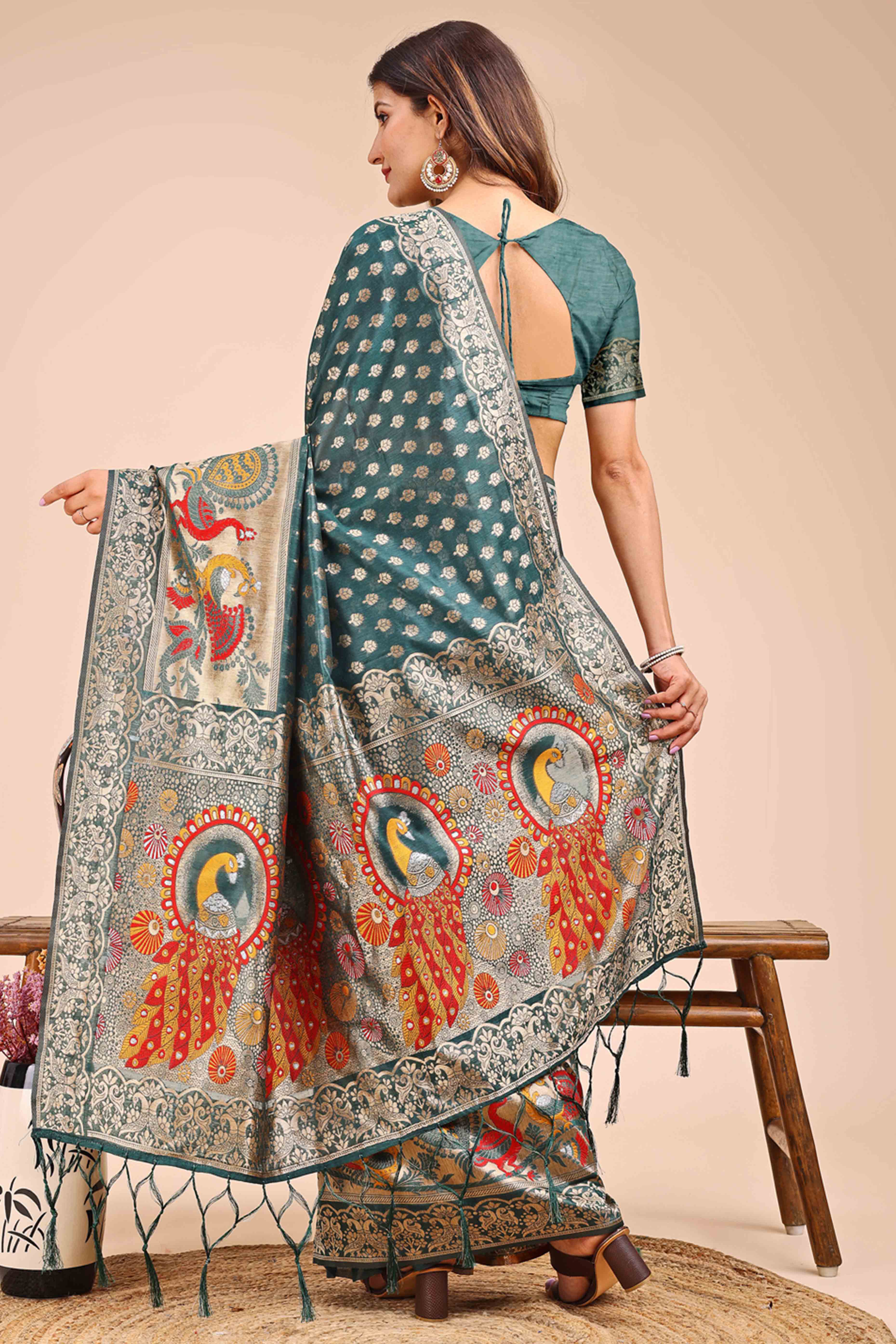 Green Floral Zari Weaving Embellished Linen Cotton Saree With Tassel Accents