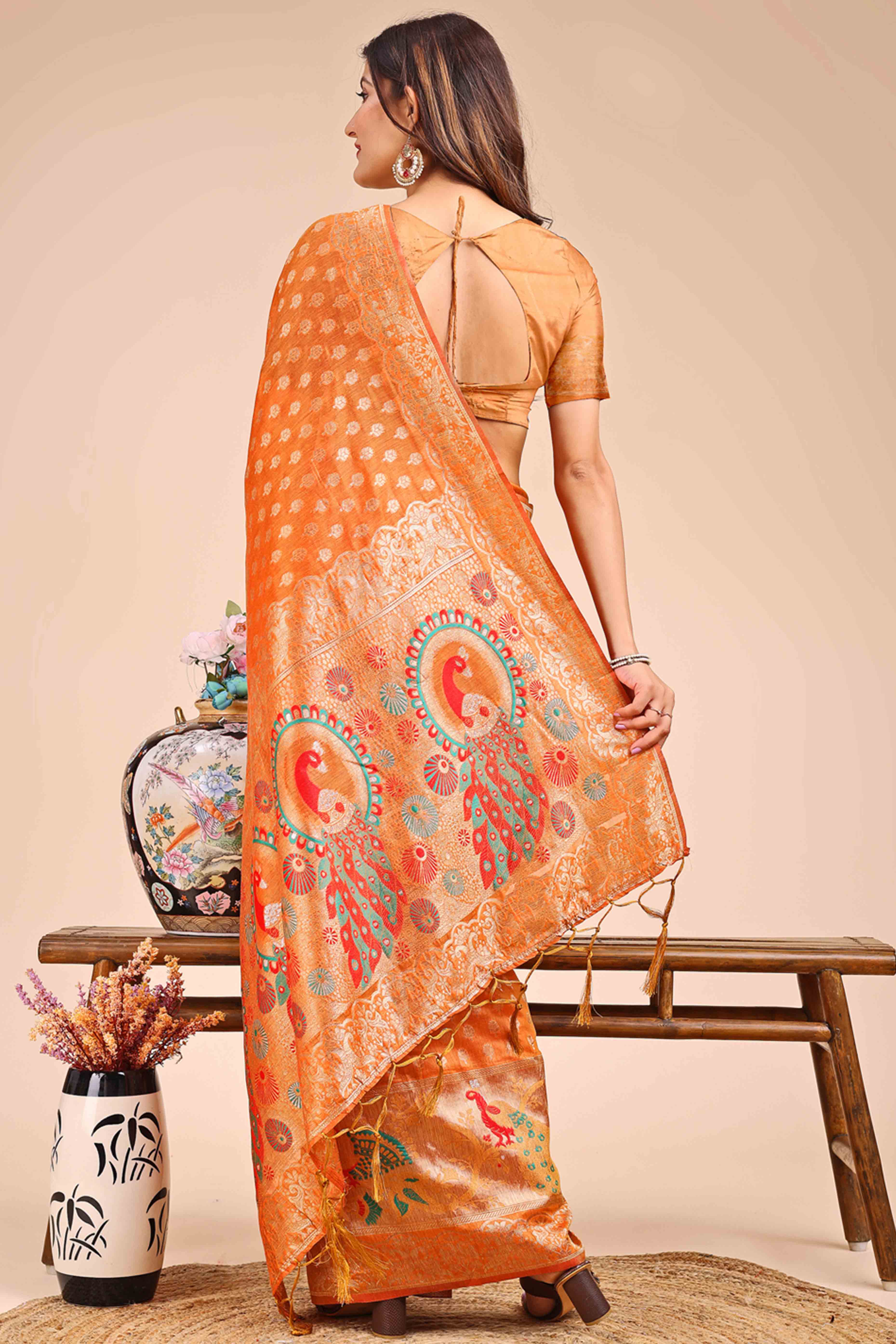 Orange Floral Zari Weaving Embellished Linen Cotton Saree With Tassel Accents