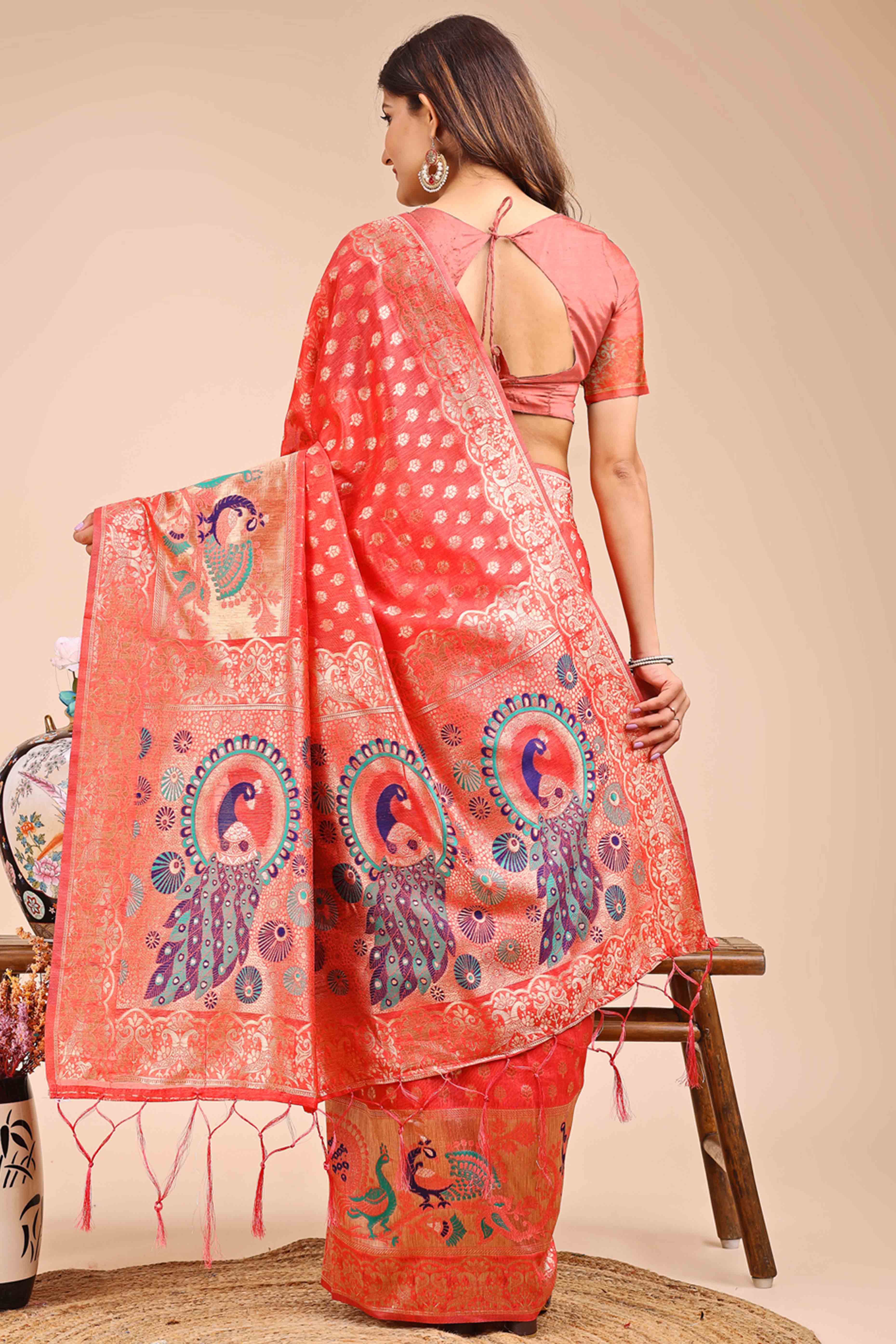 Coral Red Floral Zari Weaving Embellished Linen Cotton Saree With Tassel Accents