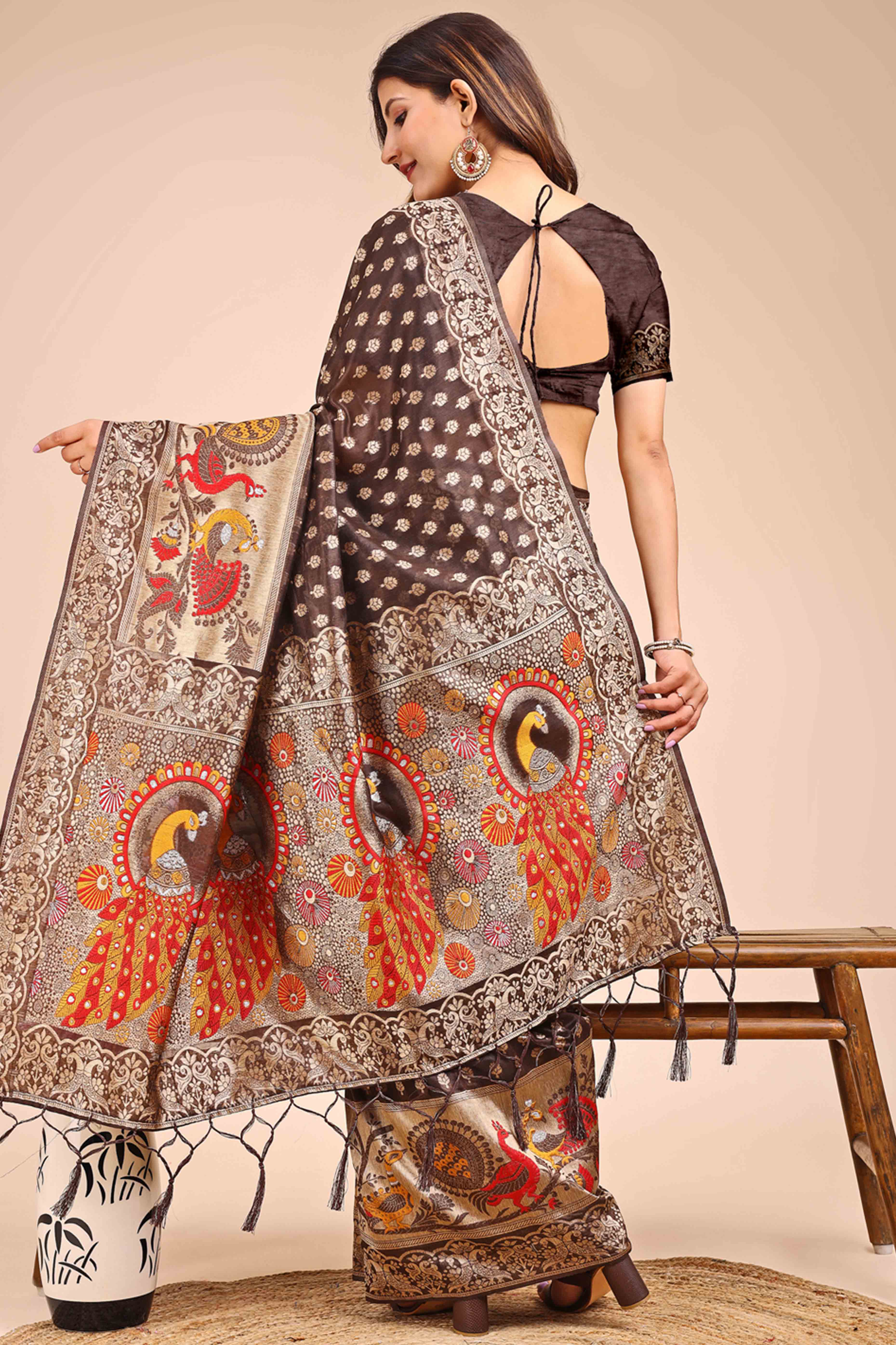 Brown Floral Zari Weaving Embellished Linen Cotton Saree With Tassel Accents