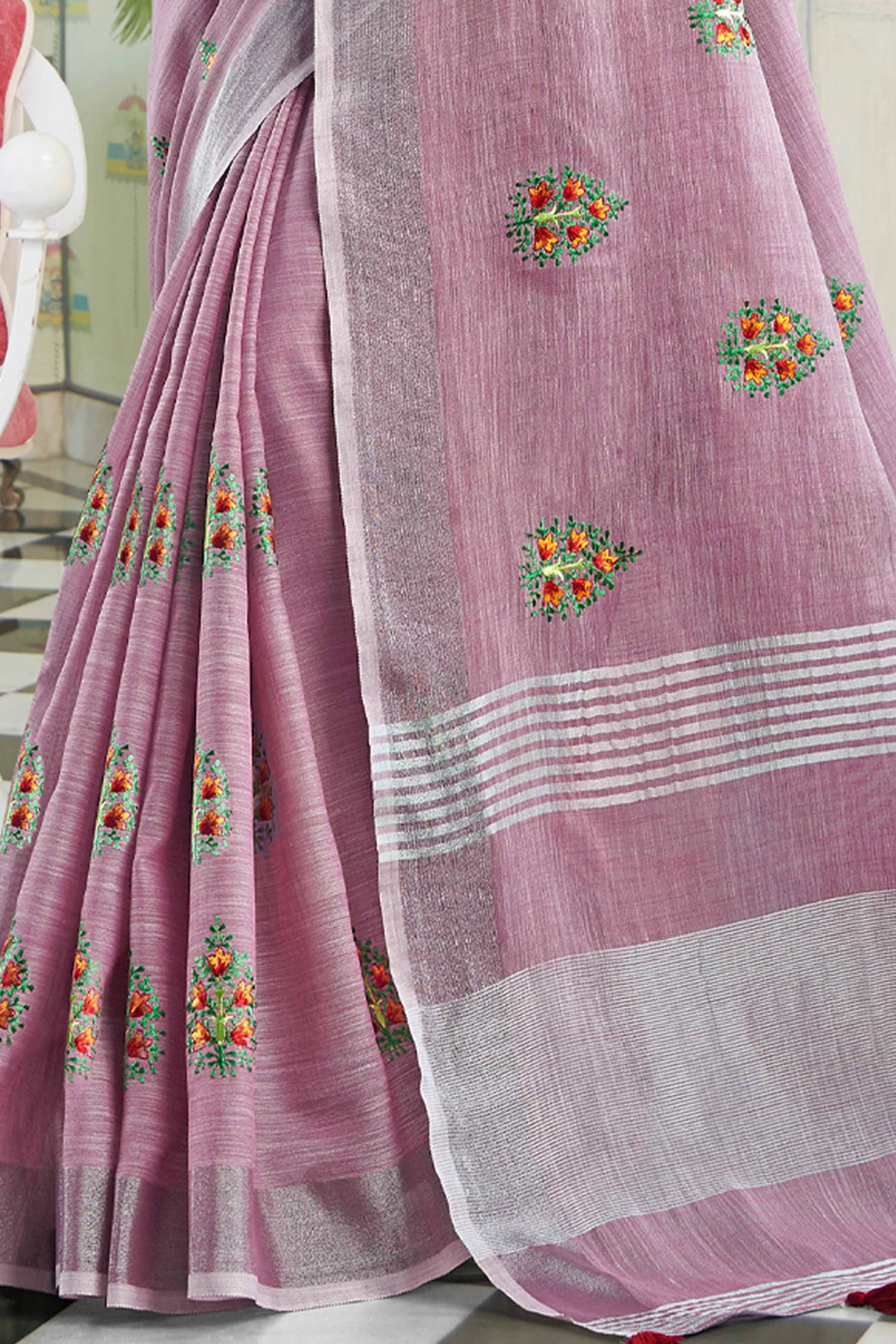 Light Purple Linen Saree with Intricate Floral Embroidery and Classic Weaving