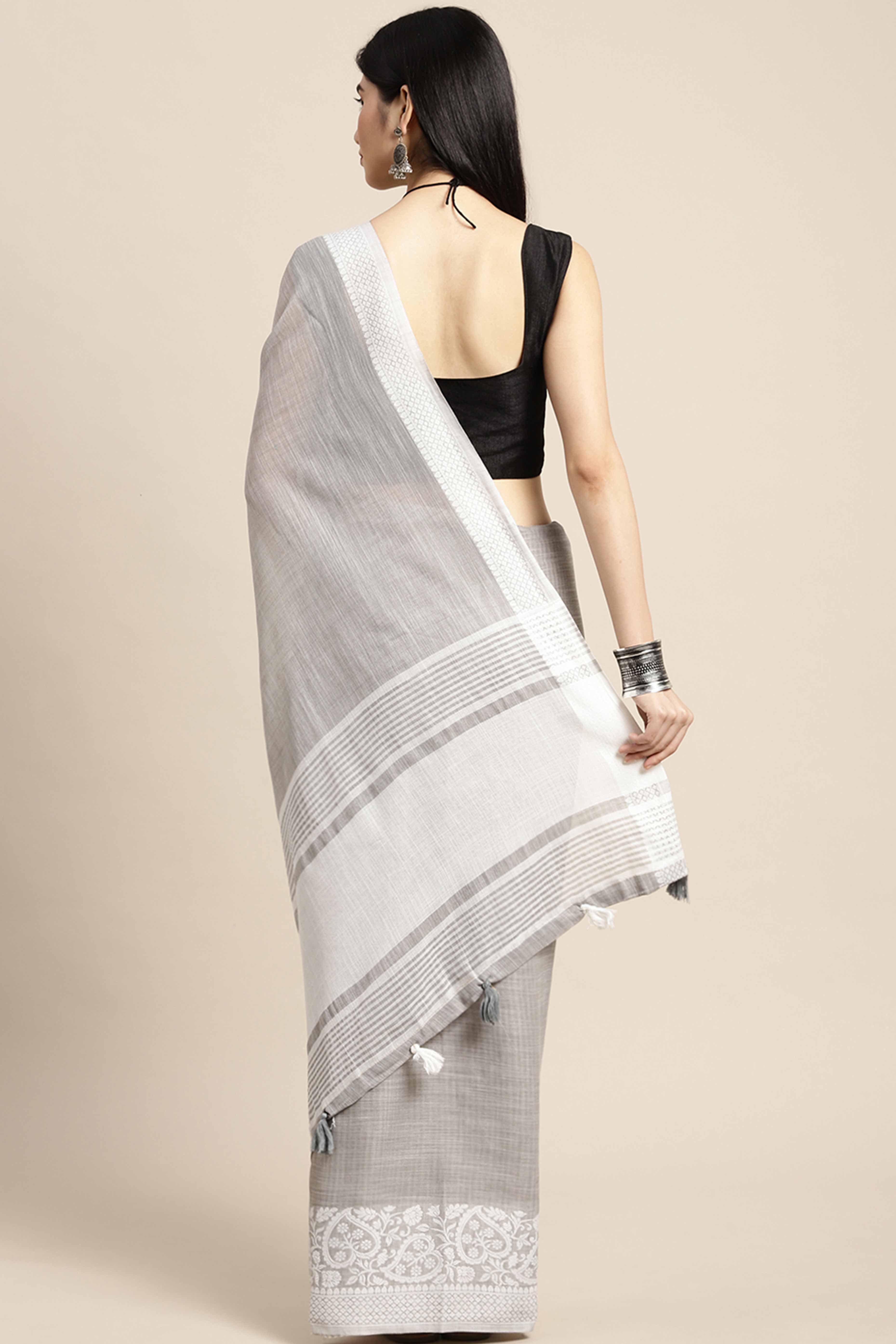 Grey Festive Linen Weaving Saree with Silver Zari Border & Pallu