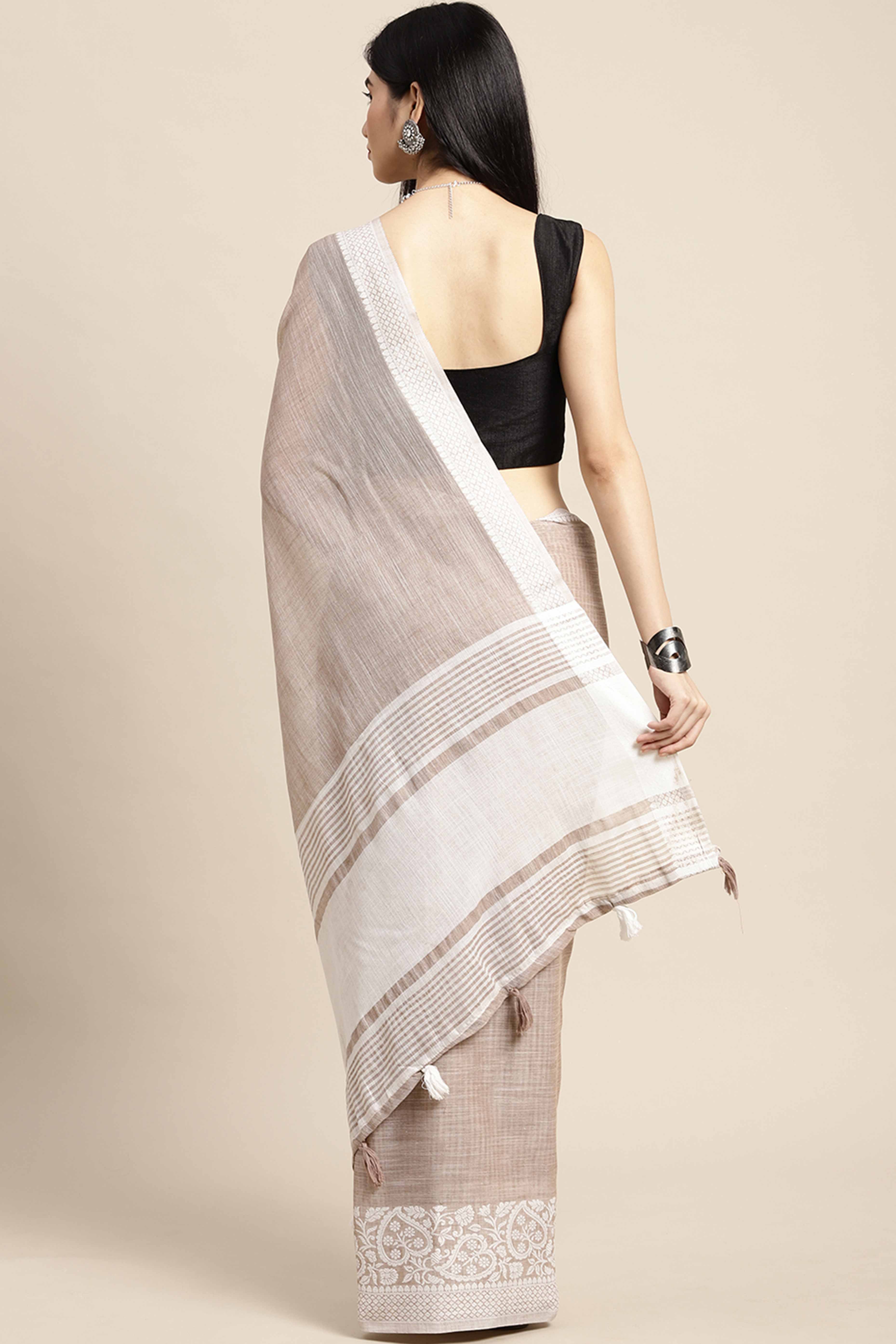 Beige Festive Linen Weaving Saree with Silver Zari Border & Pallu
