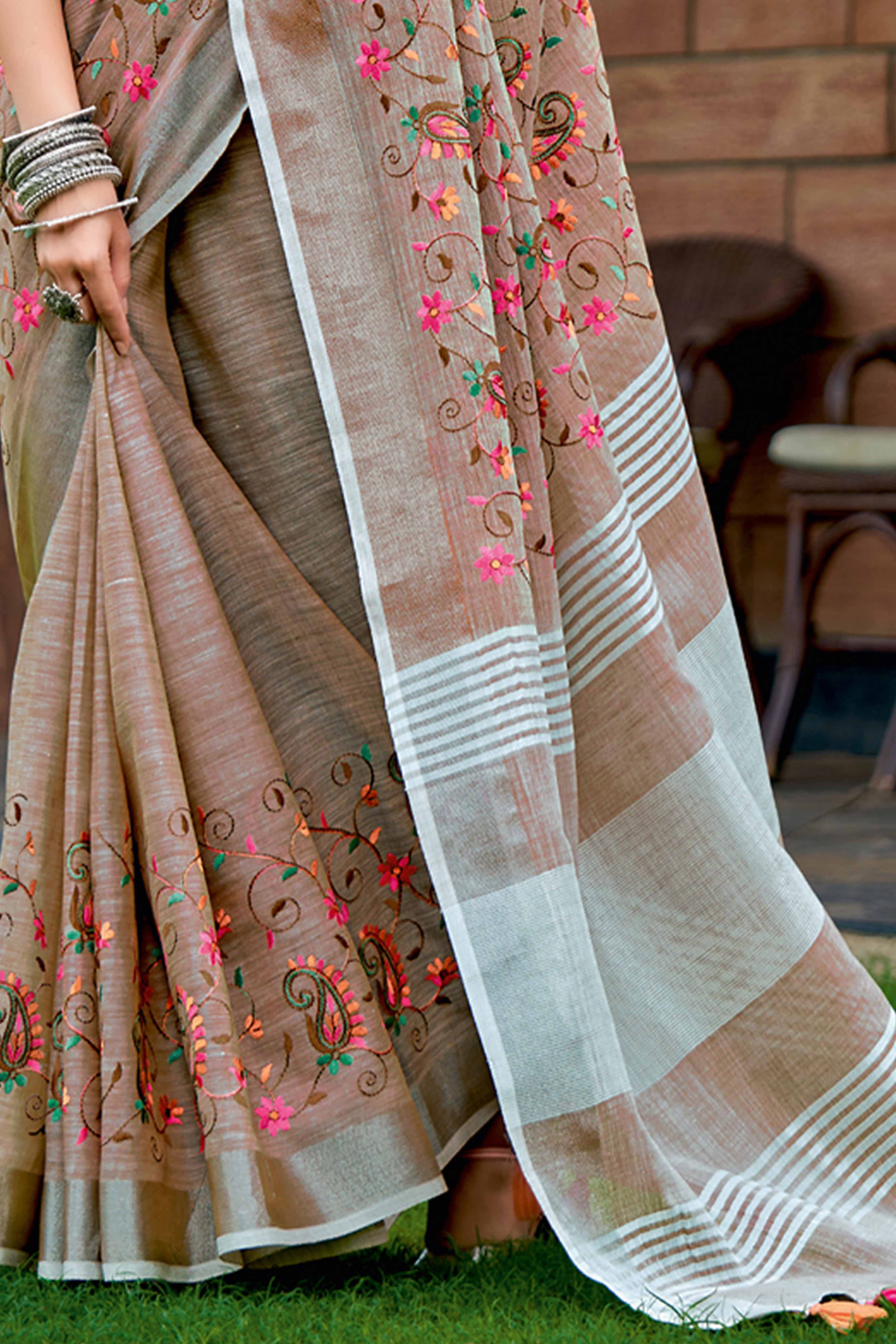 Handwoven Brown Linen Saree with Floral Embroidered Patterns