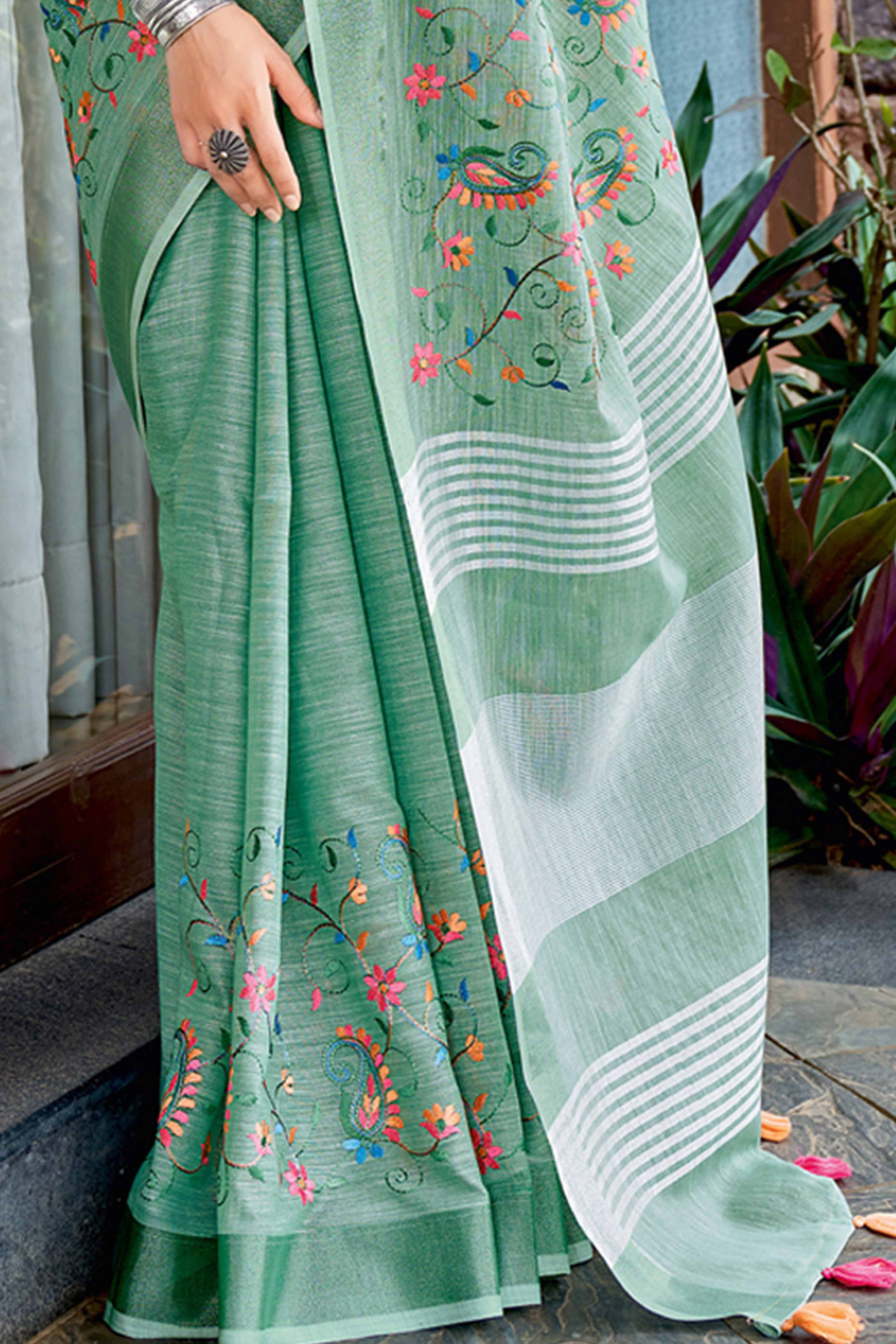 Handwoven Sea Green Linen Saree with Floral Embroidered Patterns