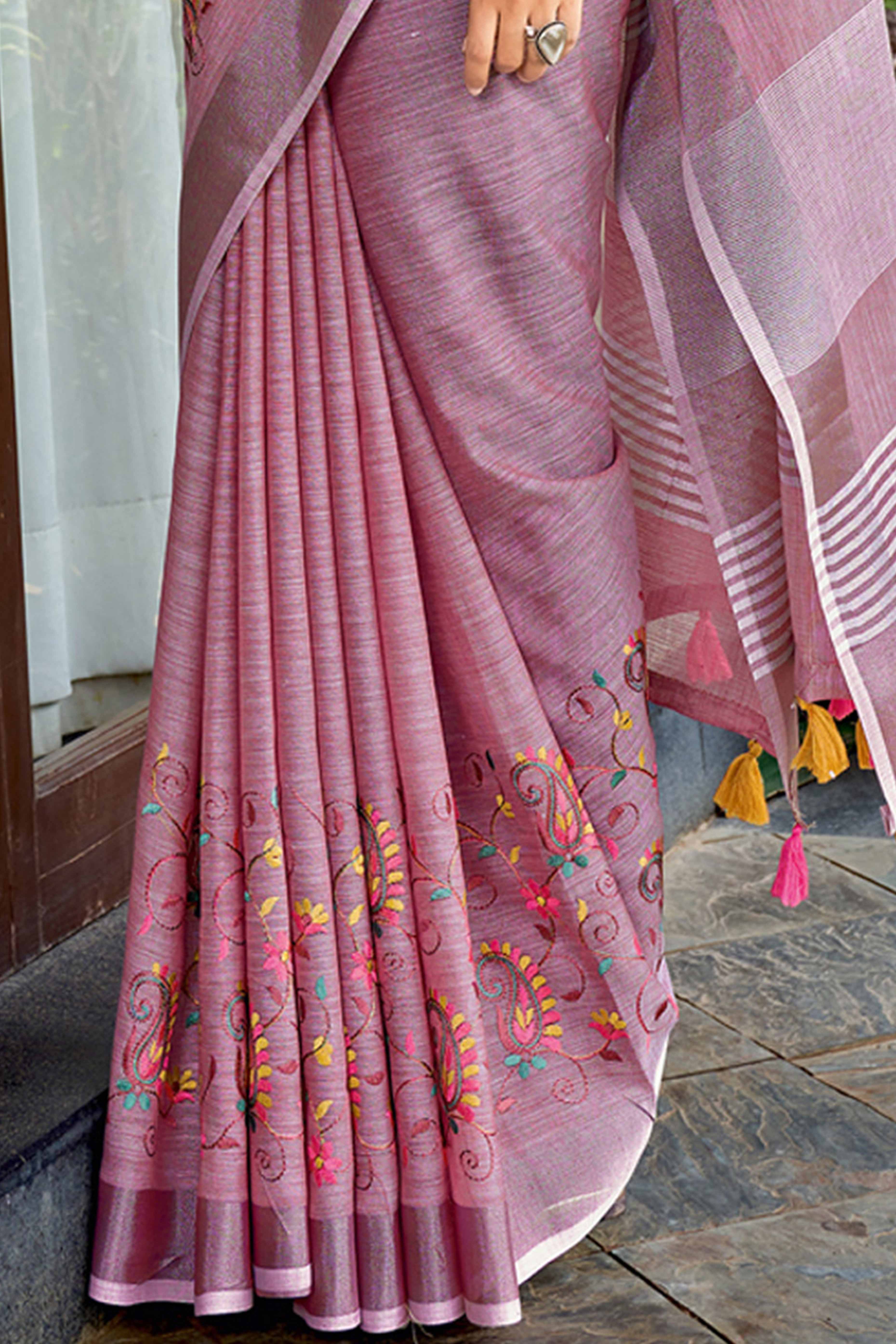 Handwoven Mauve Linen Saree with Floral Embroidered Patterns