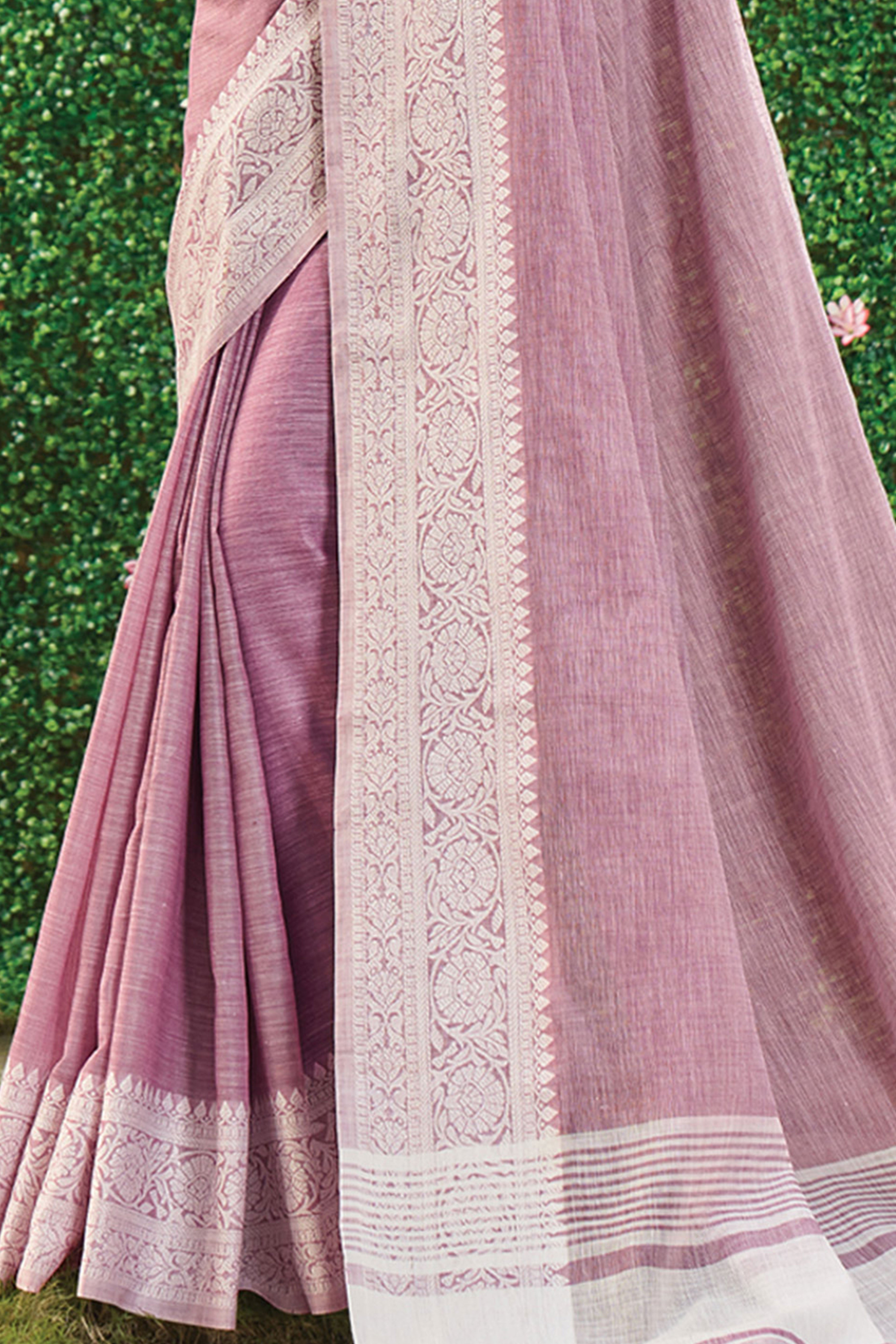 Onion Pink Lightweight Linen Saree with Decorative Zari Border Weaving