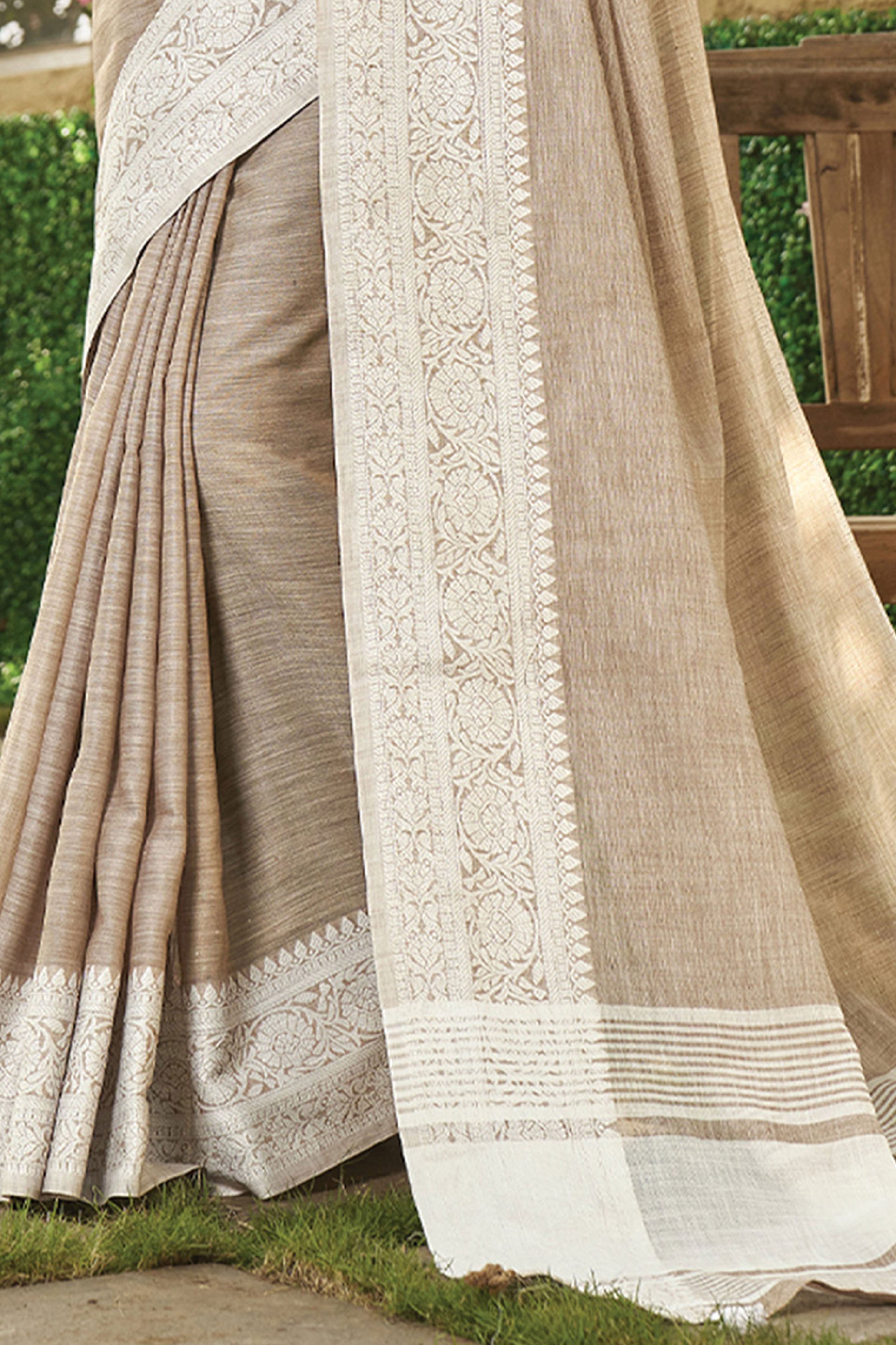Light Brown Lightweight Linen Saree with Decorative Zari Border Weaving