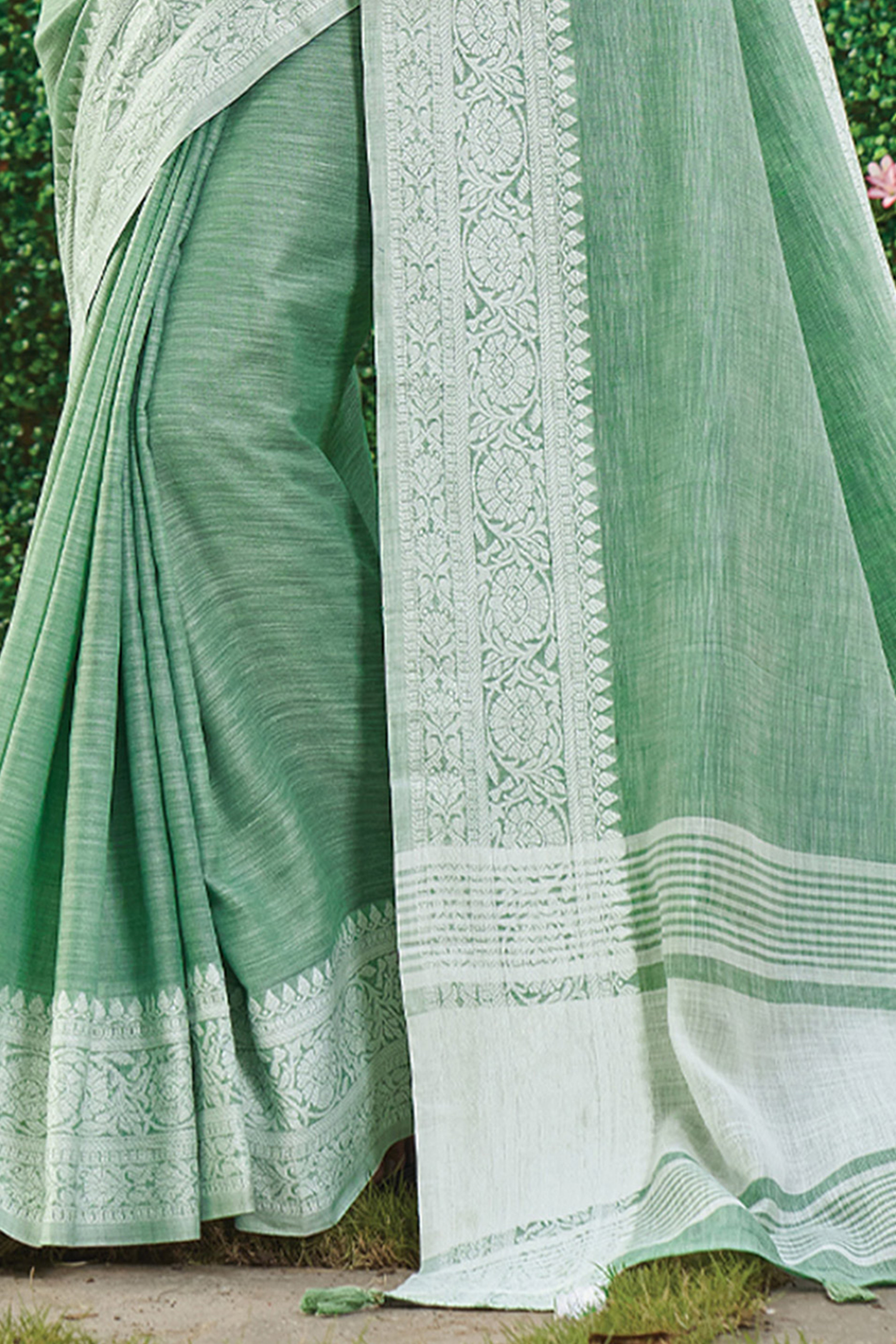 Rama Green Lightweight Linen Saree with Decorative Zari Border Weaving