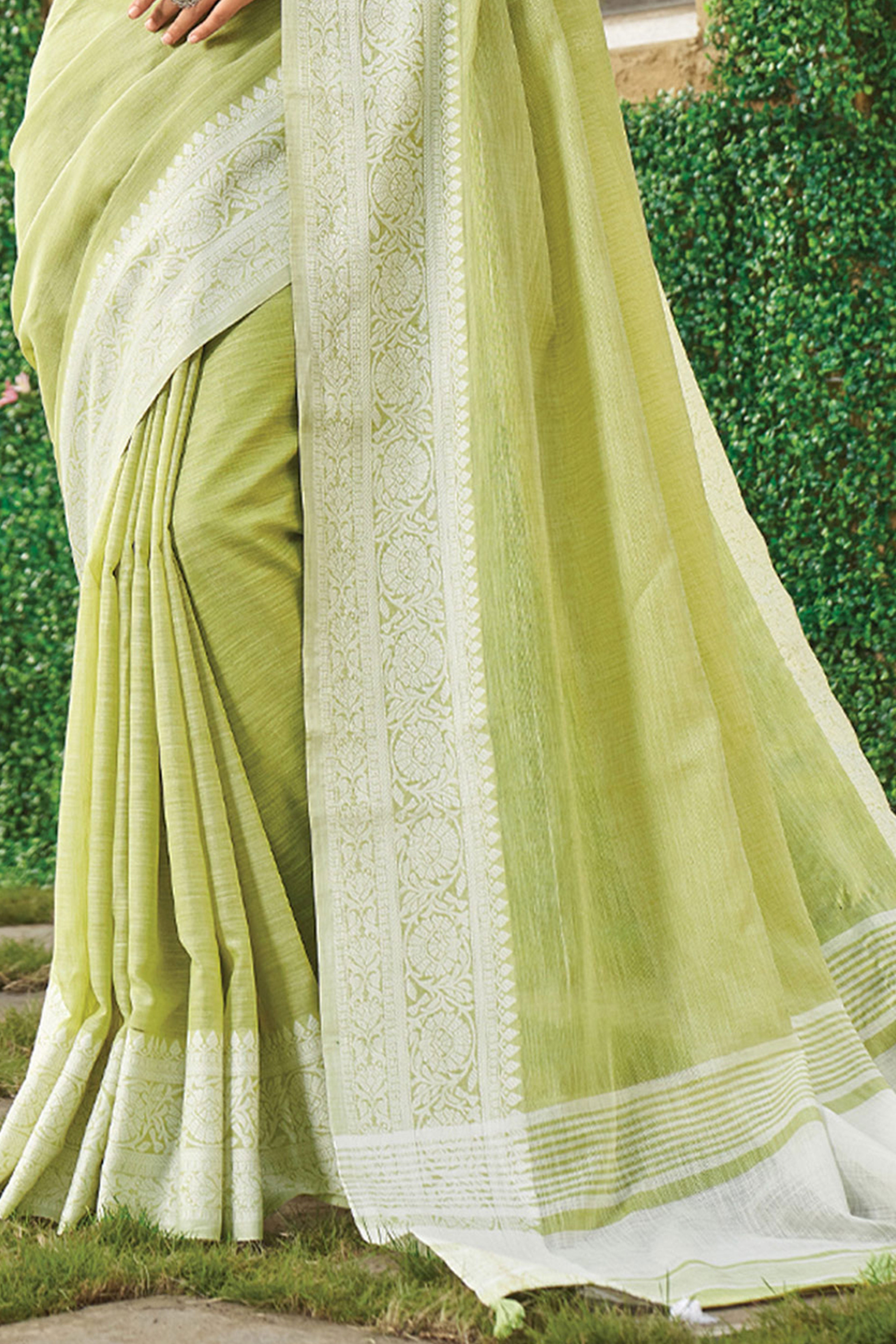 Lime Green Lightweight Linen Saree with Decorative Zari Border Weaving