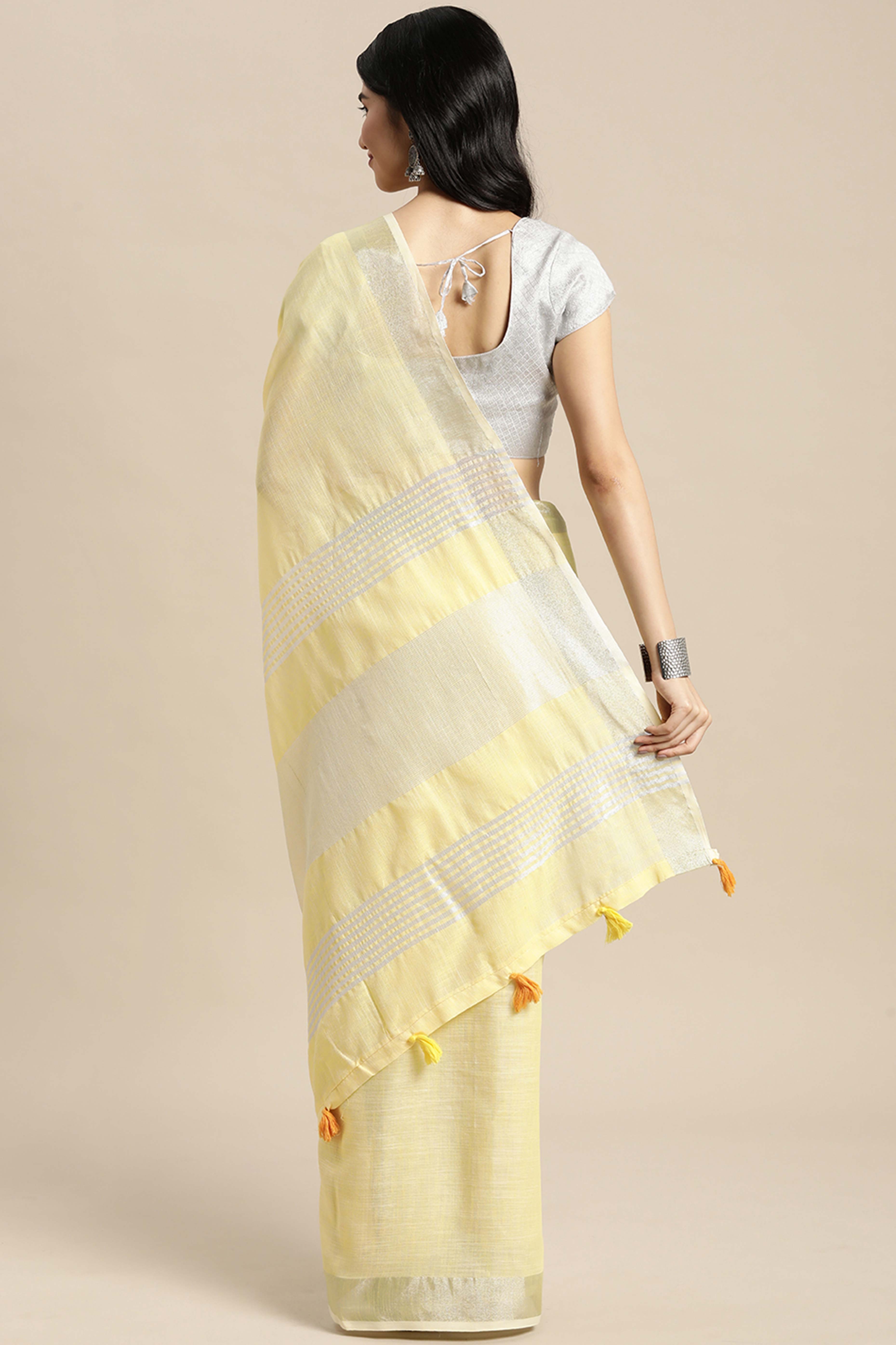 Yellow Linen Saree Adorned With Silver Zari Weaving Border & Pallu