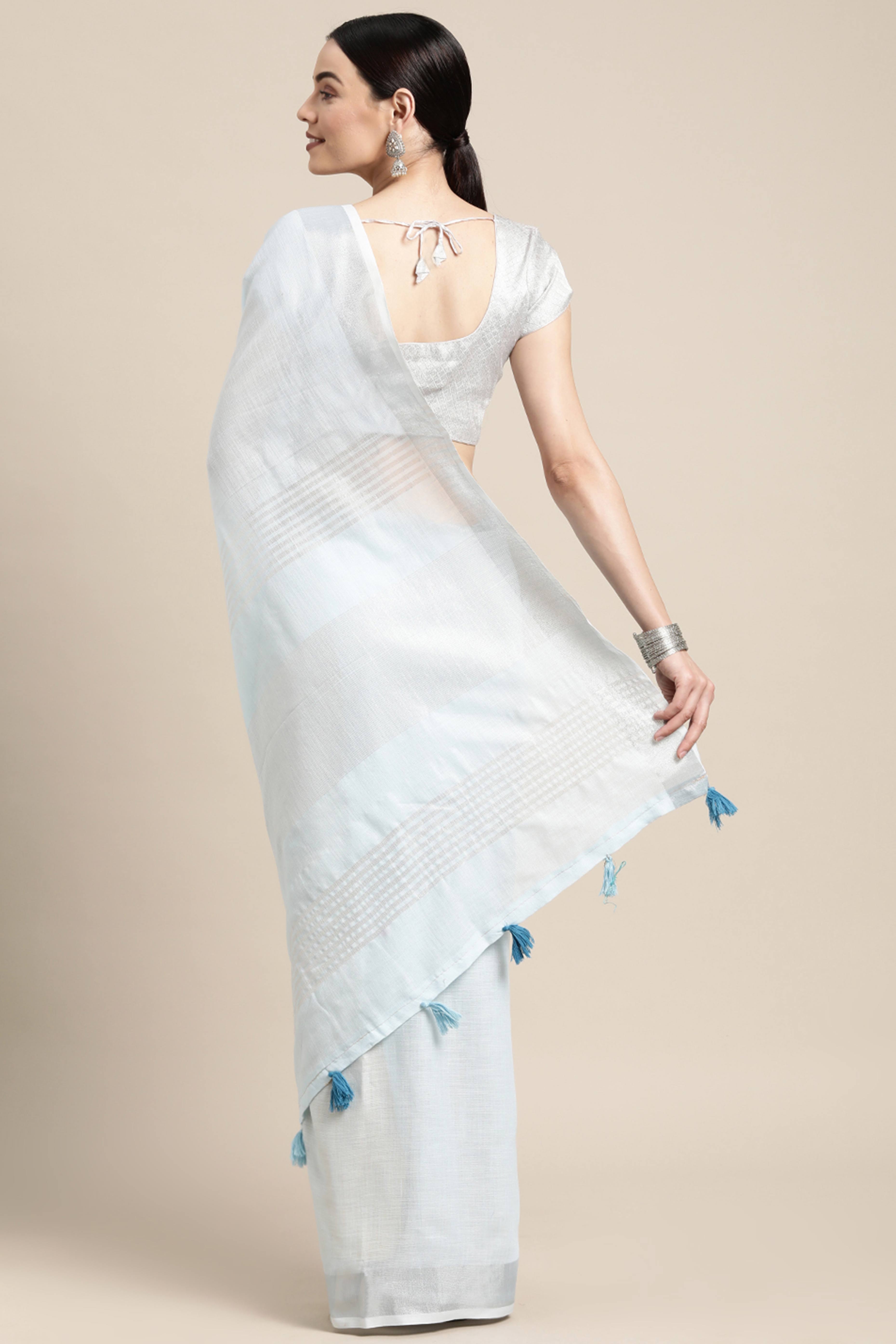 Light Sky Blue Linen Saree Adorned With Silver Zari Weaving Border & Pallu