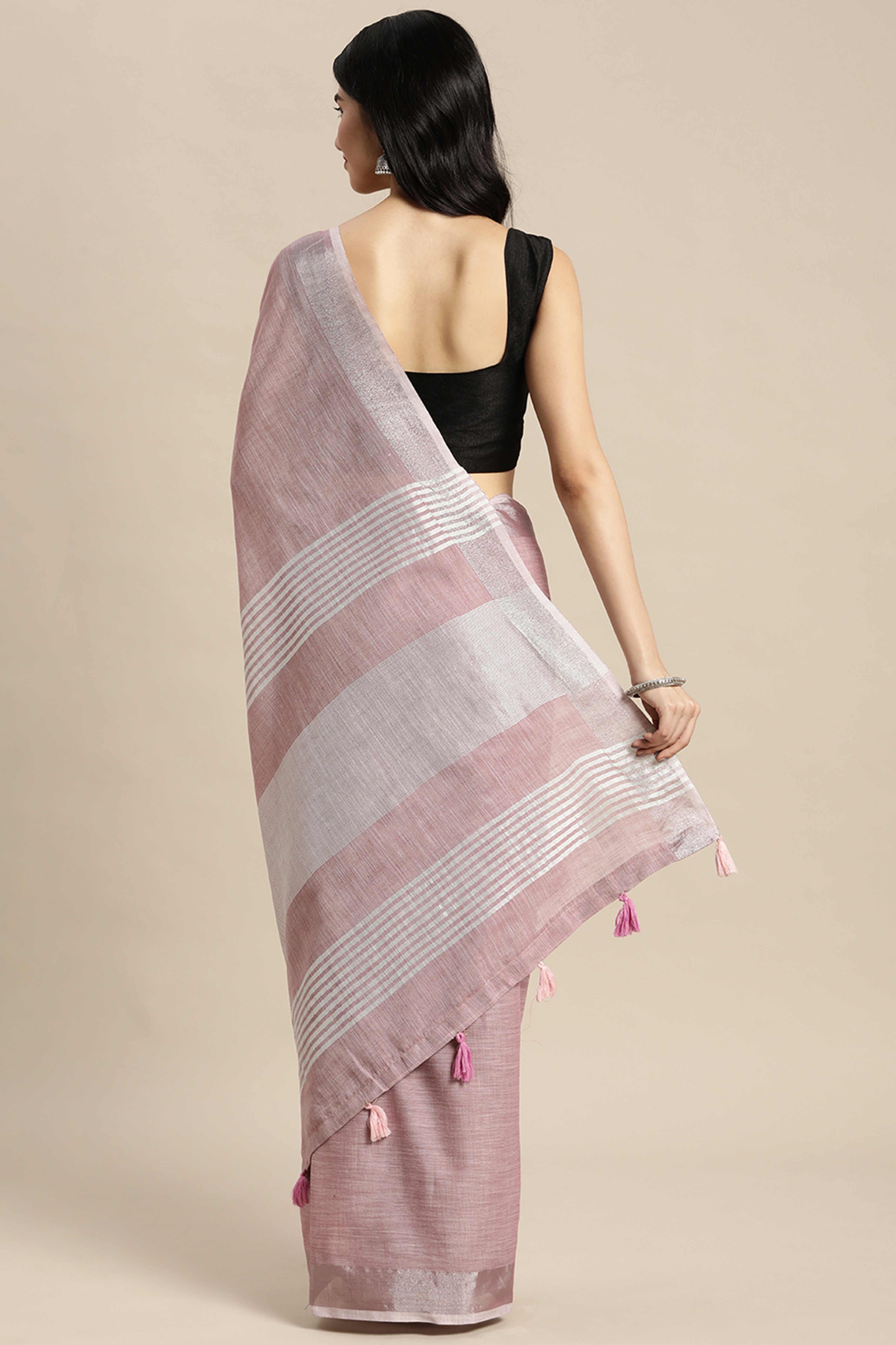 Dusty Mauve Linen Saree Adorned With Silver Zari Weaving Border & Pallu