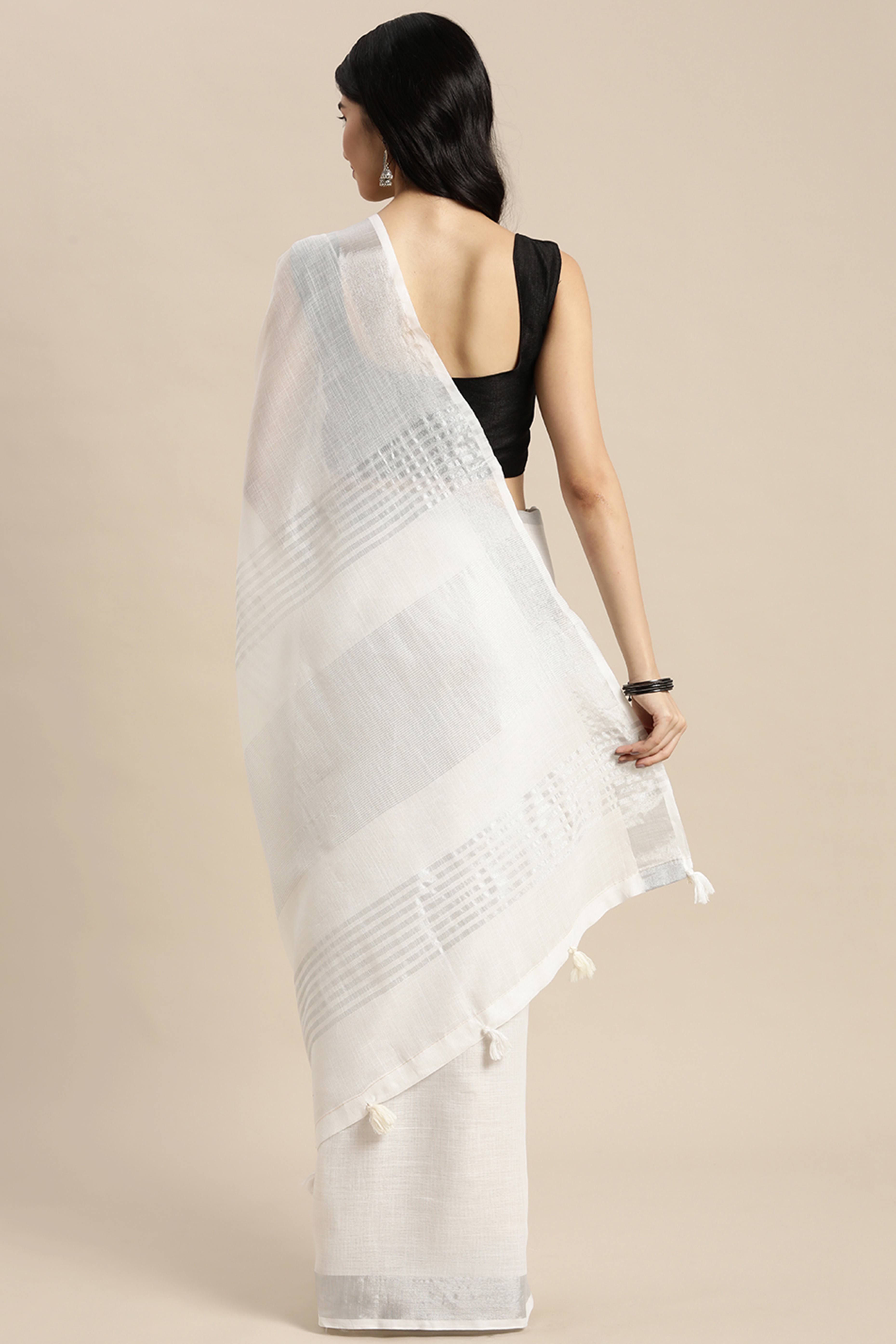 White Linen Saree Adorned With Silver Zari Weaving Border & Pallu