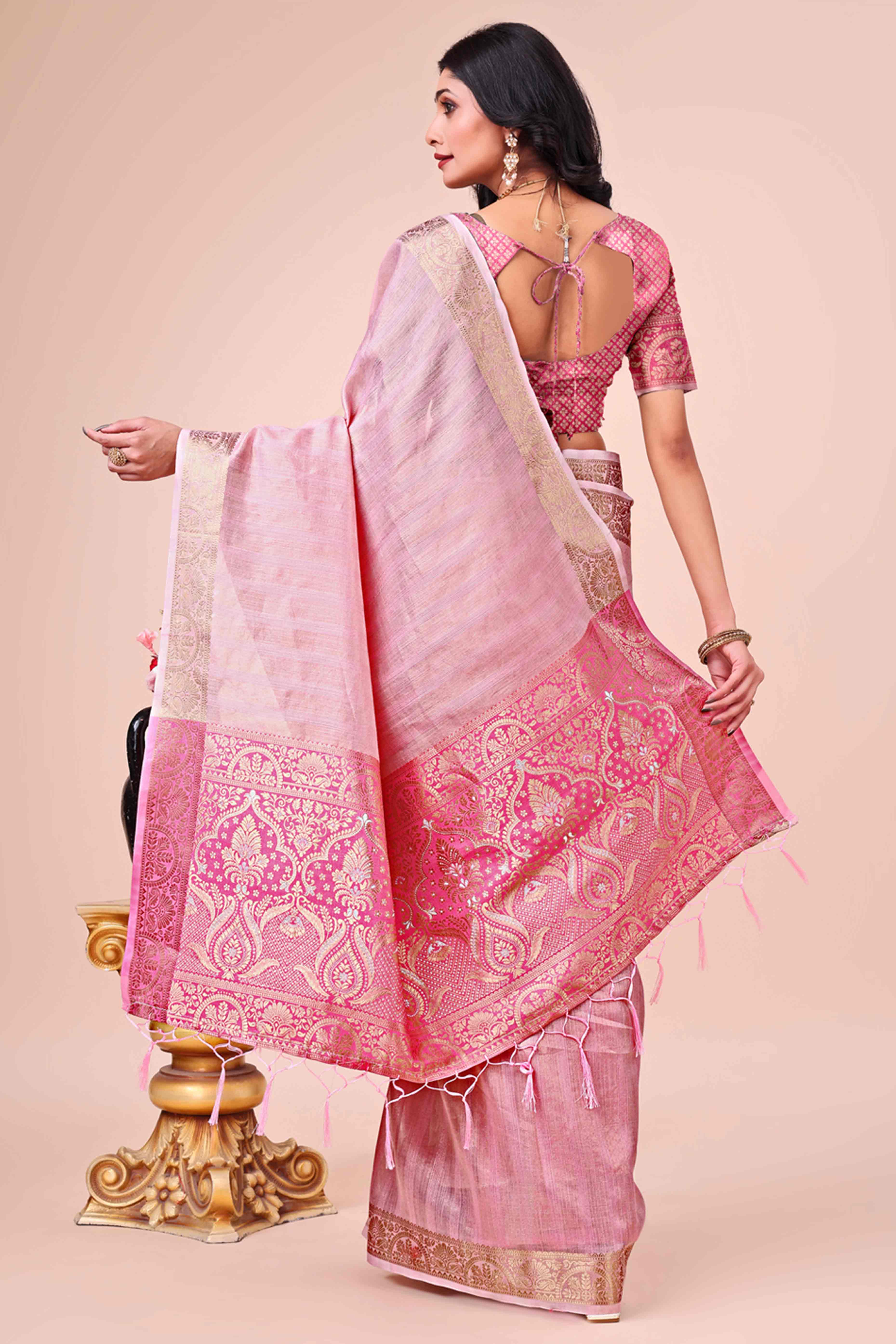 Pink Organza Saree With Floral Zari Weave & Tassel Accents