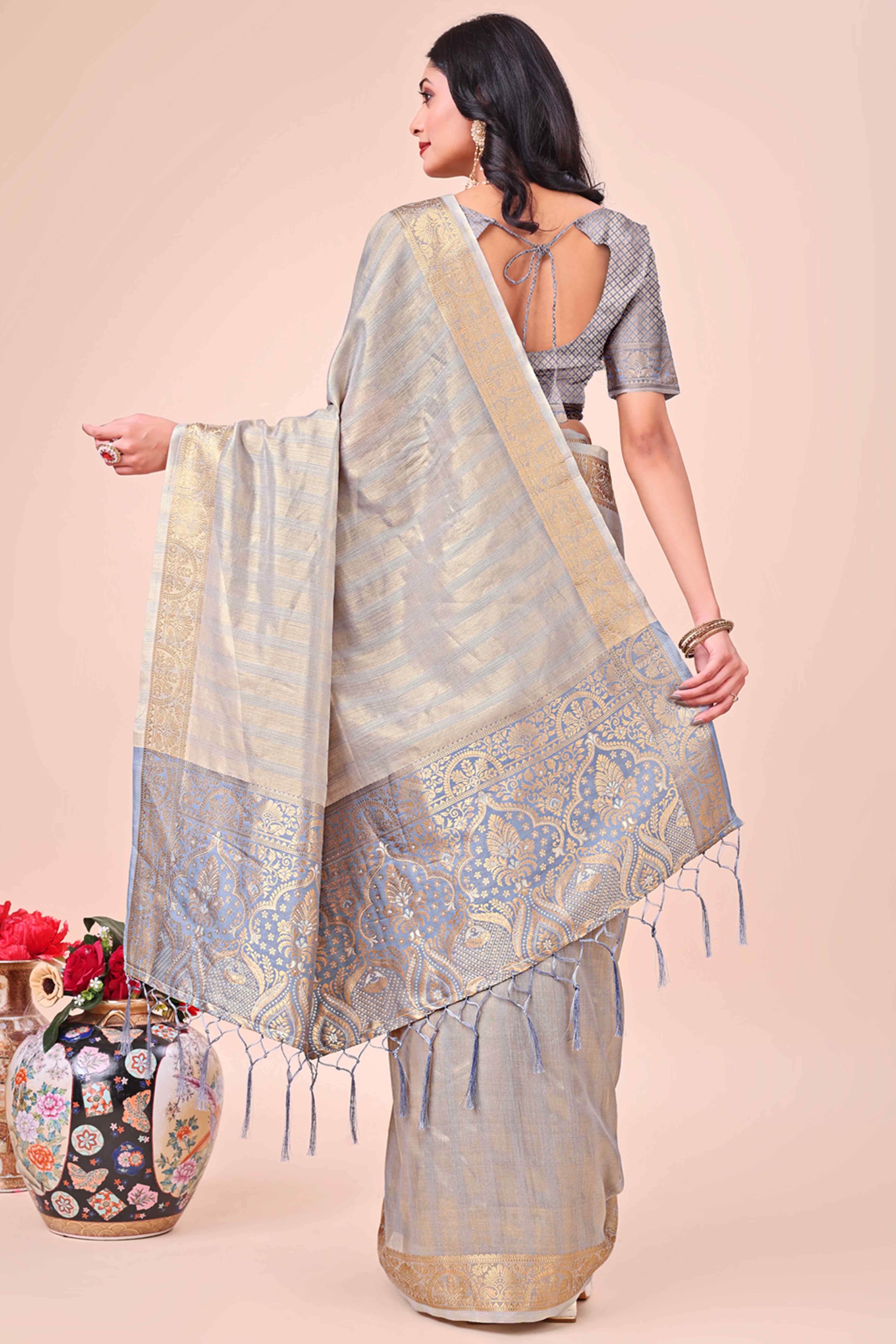 Grey Organza Saree With Floral Zari Weave & Tassel Accents