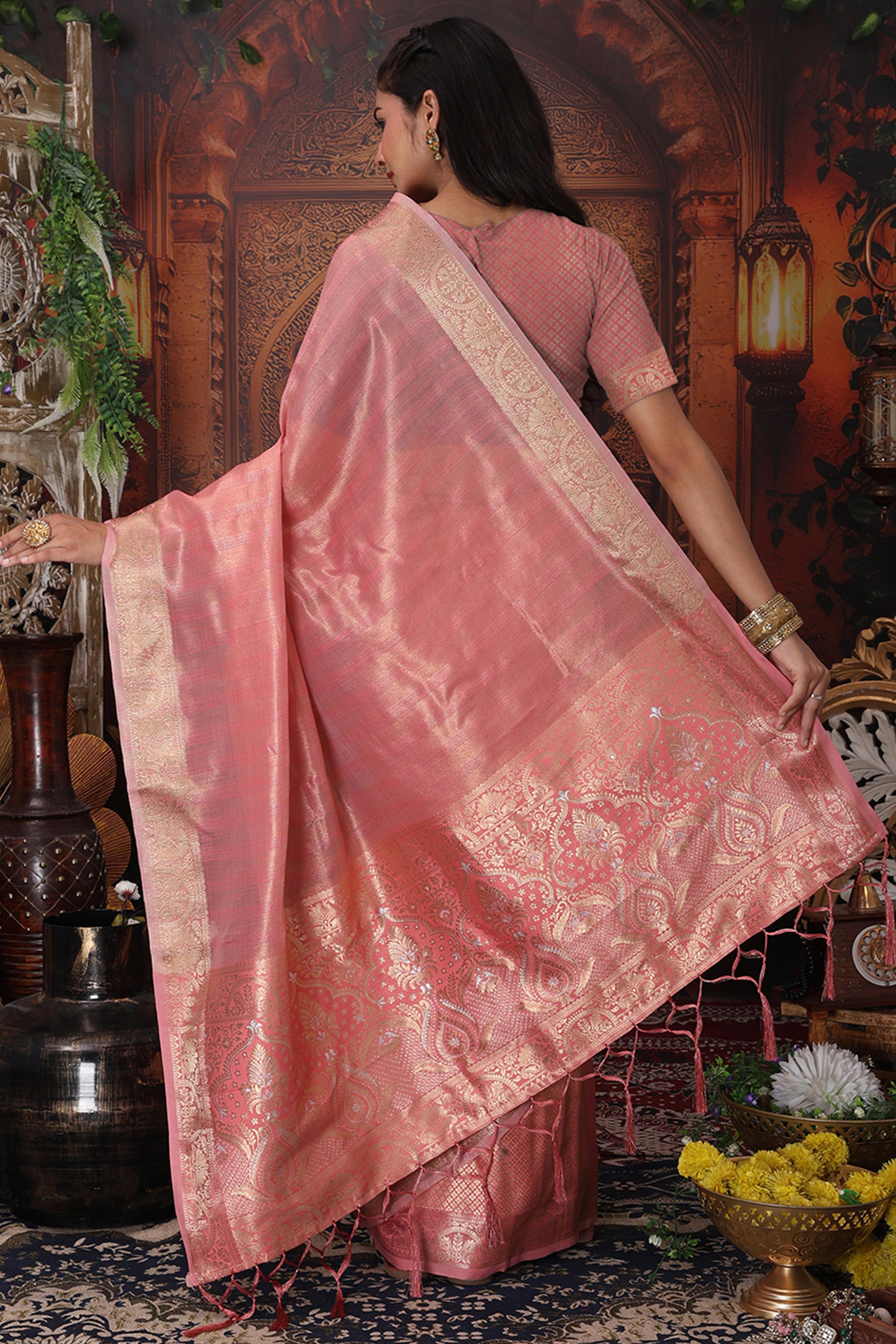 Blush Pink Organza Saree Adorned With Floral Zari Weaving & Graceful Tassel Pallu